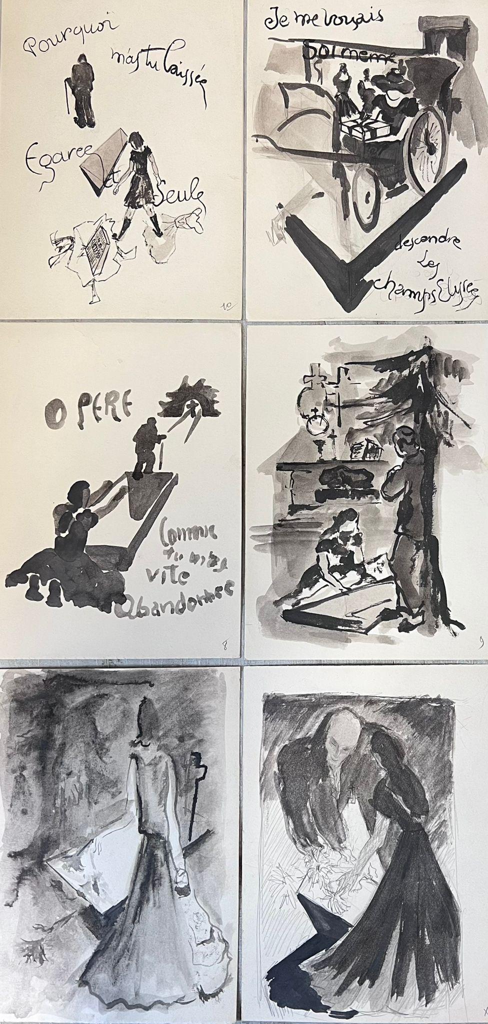 Guy Nicod Figurative Art - 20th Century French Modernist Painting Set of Six Dark Watercolour Scenes