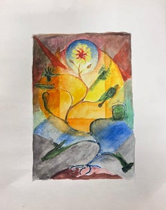Peinture à l'aquarelle moderne française du 20e siècle, Tournesol Roots