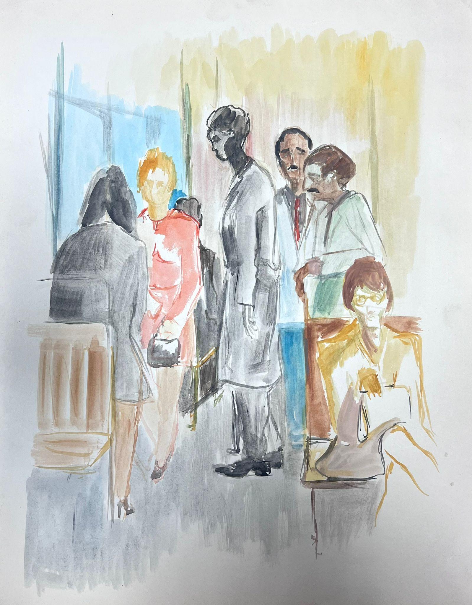 20th Century French Painting Figures In Waiting Room Watercolour  - Art by Guy Nicod