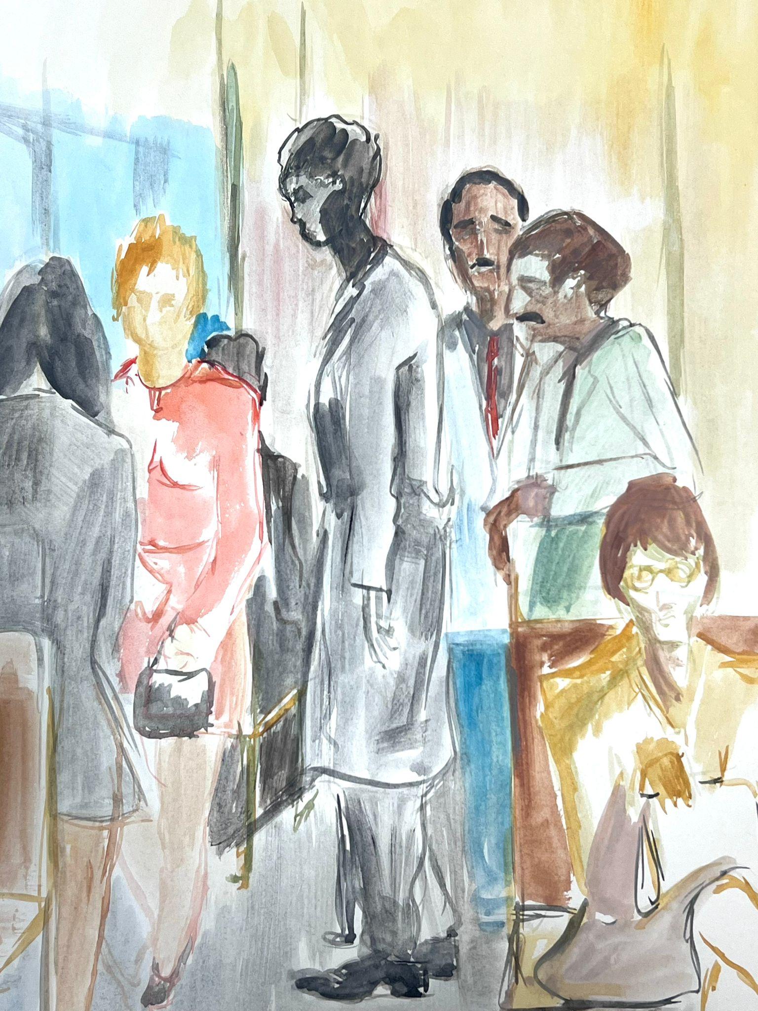 20th Century French Painting Figures In Waiting Room Watercolour  For Sale 1