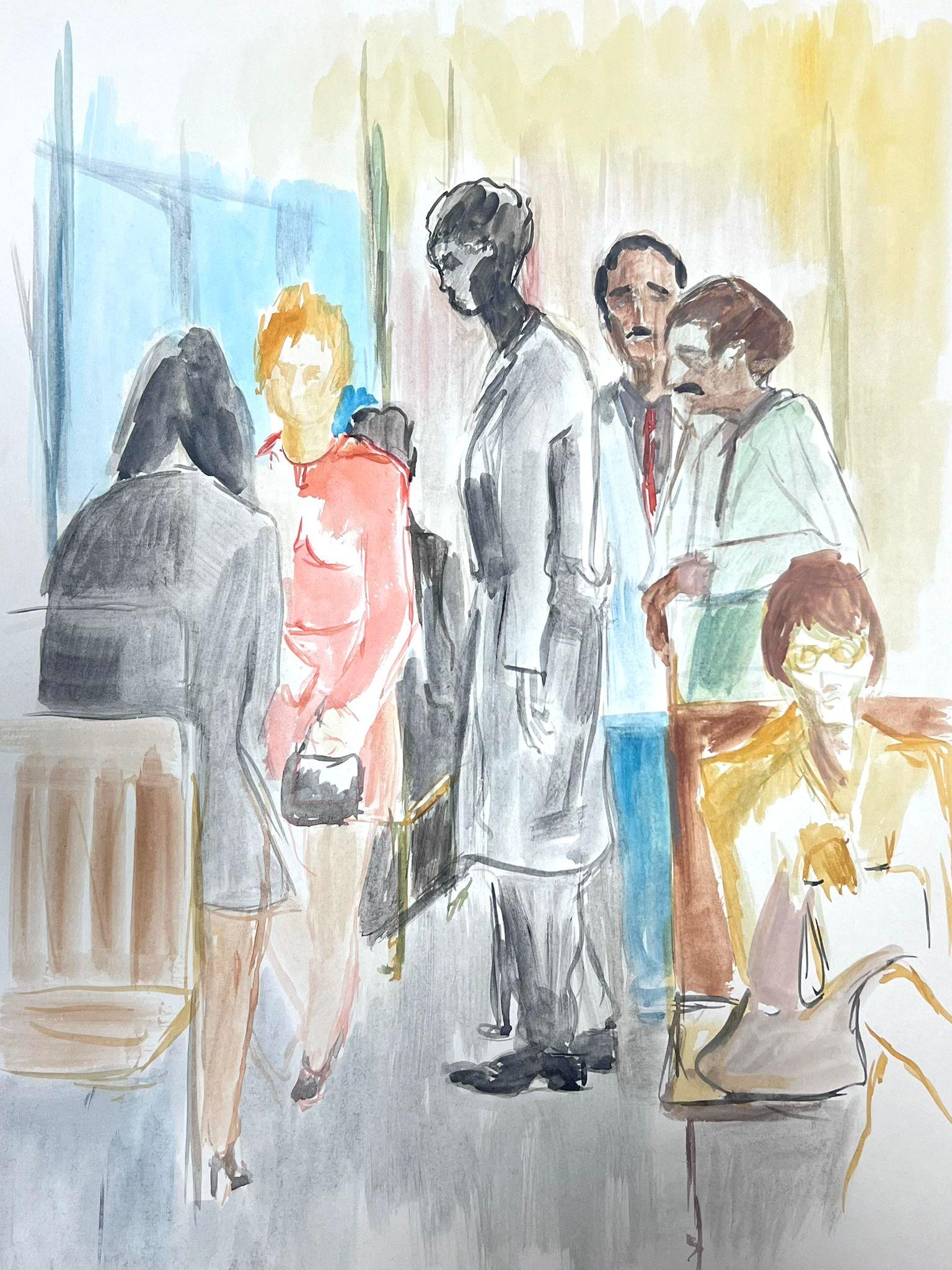 Guy Nicod Figurative Art - 20th Century French Painting Figures In Waiting Room Watercolour 