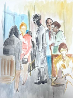 Aquarelle française du 20e siècle représentant des personnages d'une salle d'attente 