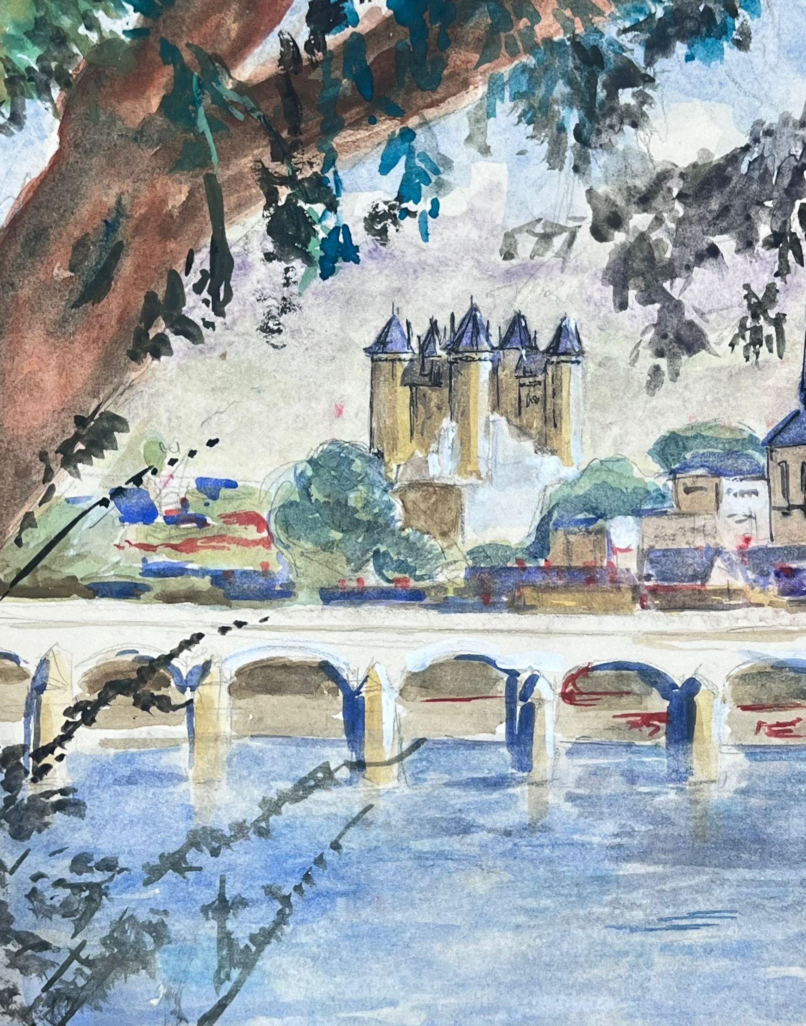 Peinture post-impressionniste française du 20e siècle, vue d'une ligne d'horizon sur la ville et la rivière - Art de Guy Nicod