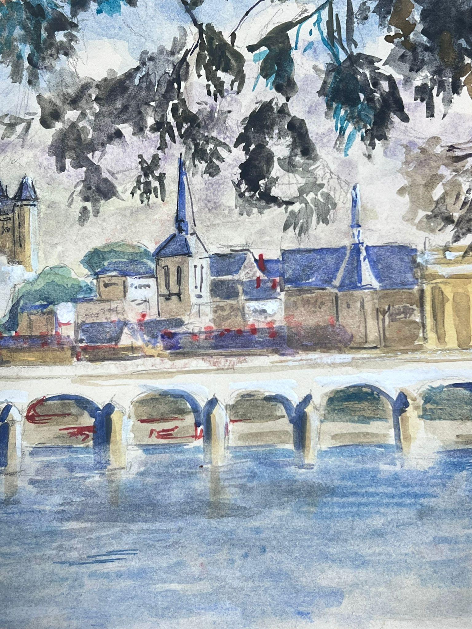 Peinture post-impressionniste française du 20e siècle, vue d'une ligne d'horizon sur la ville et la rivière - Post-impressionnisme Art par Guy Nicod