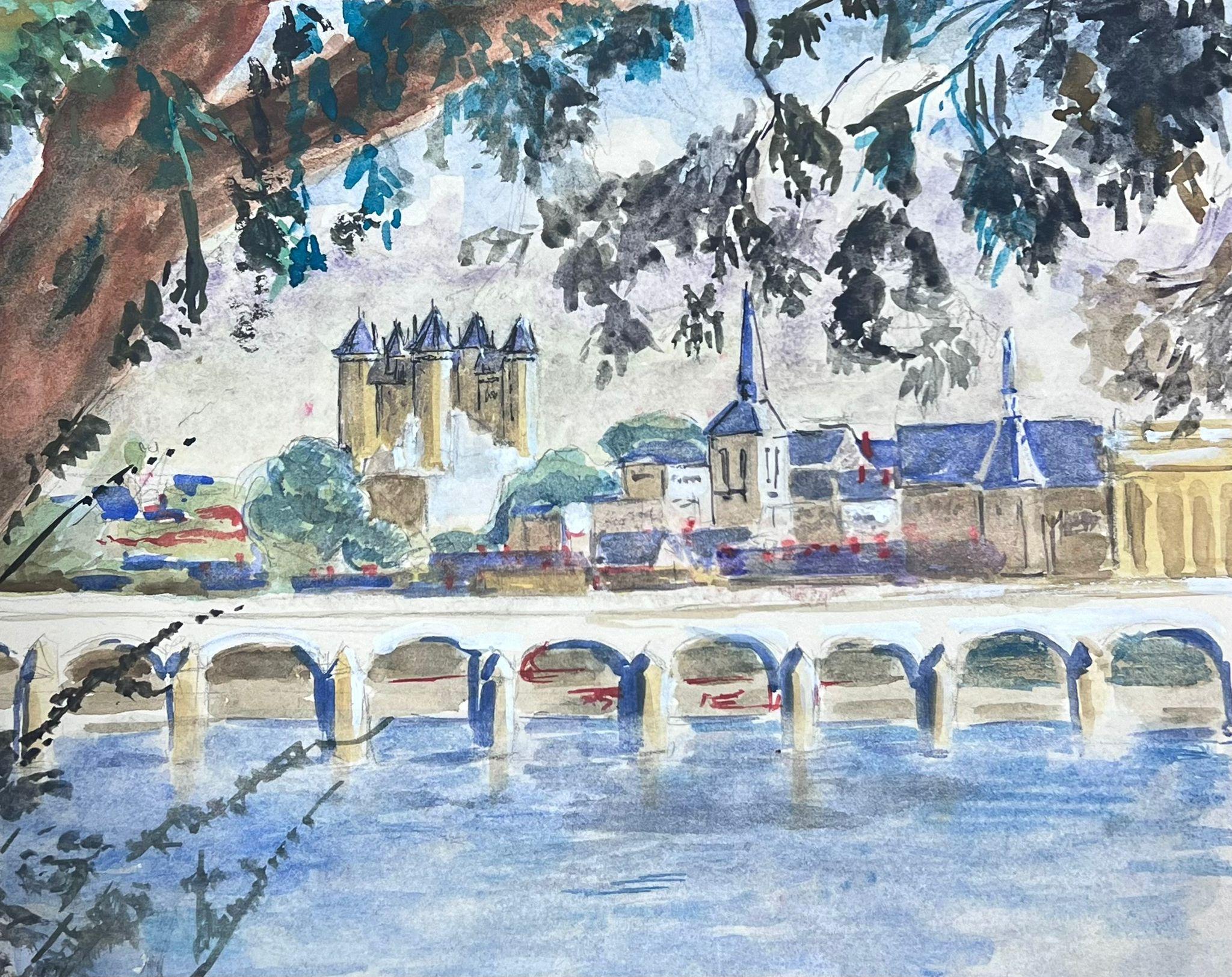 Landscape Painting di Guy Nicod - Pittura post impressionista francese del 20° secolo Vista del cielo sulla città e sul fiume