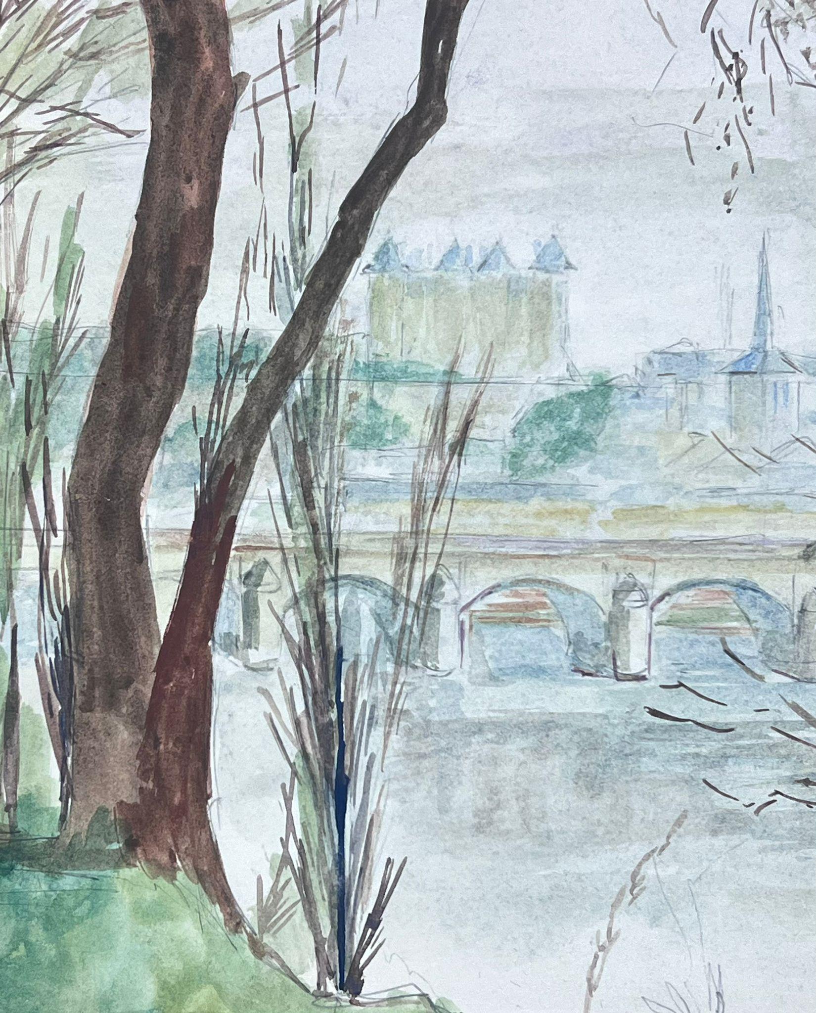 Aquarelle post-impressionniste française du 20e siècle représentant une vue sur la rivière de la ville française - Art de Guy Nicod