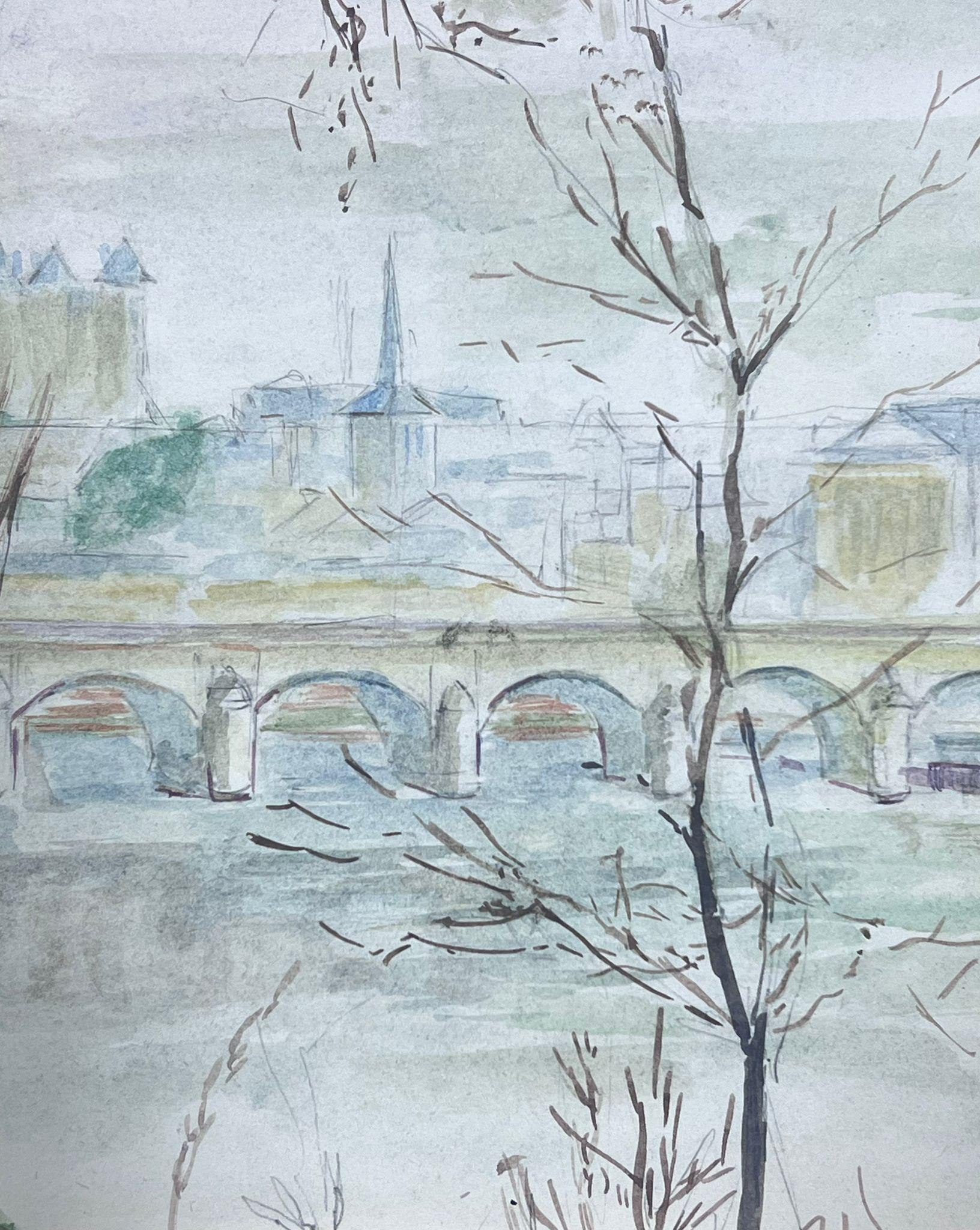 Aquarelle post-impressionniste française du 20e siècle représentant une vue sur la rivière de la ville française - Post-impressionnisme Art par Guy Nicod