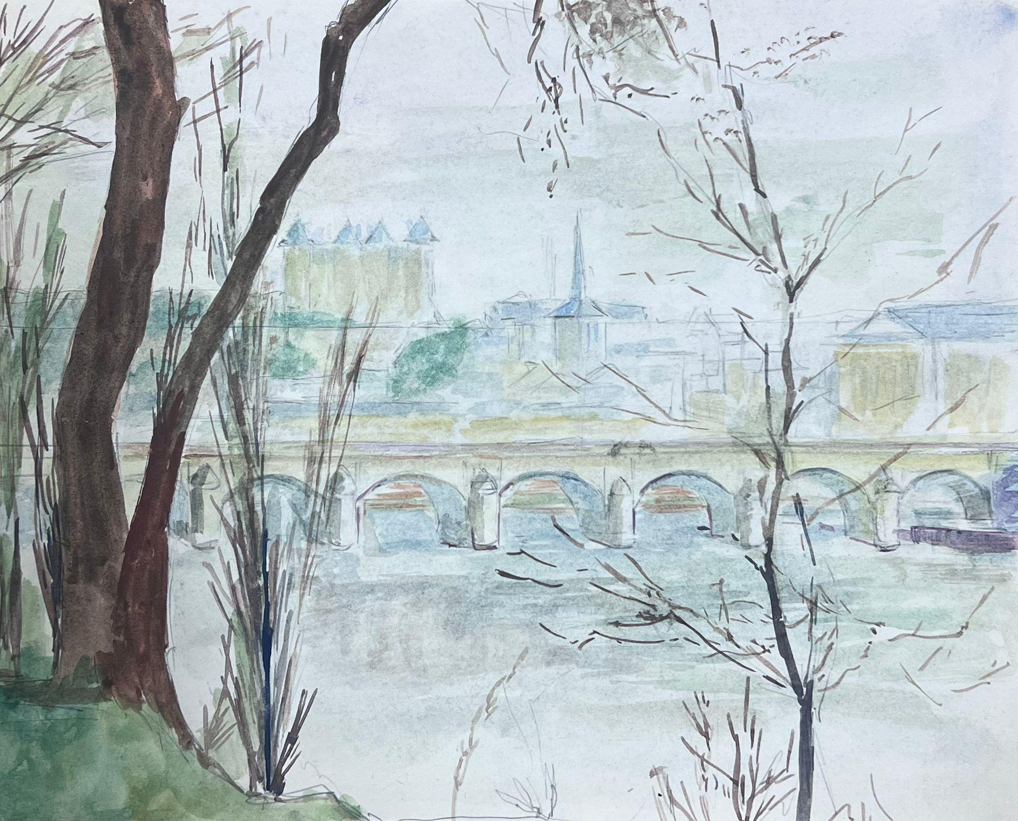 Acquerello francese del XX secolo Post Impressionista con vista sul fiume di French City