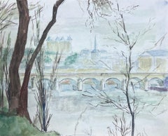 Aquarelle post-impressionniste française du 20e siècle représentant une vue sur la rivière de la ville française