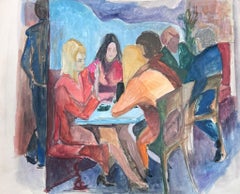20th Century Modernist Painting Girls Gossiping In French Bistro