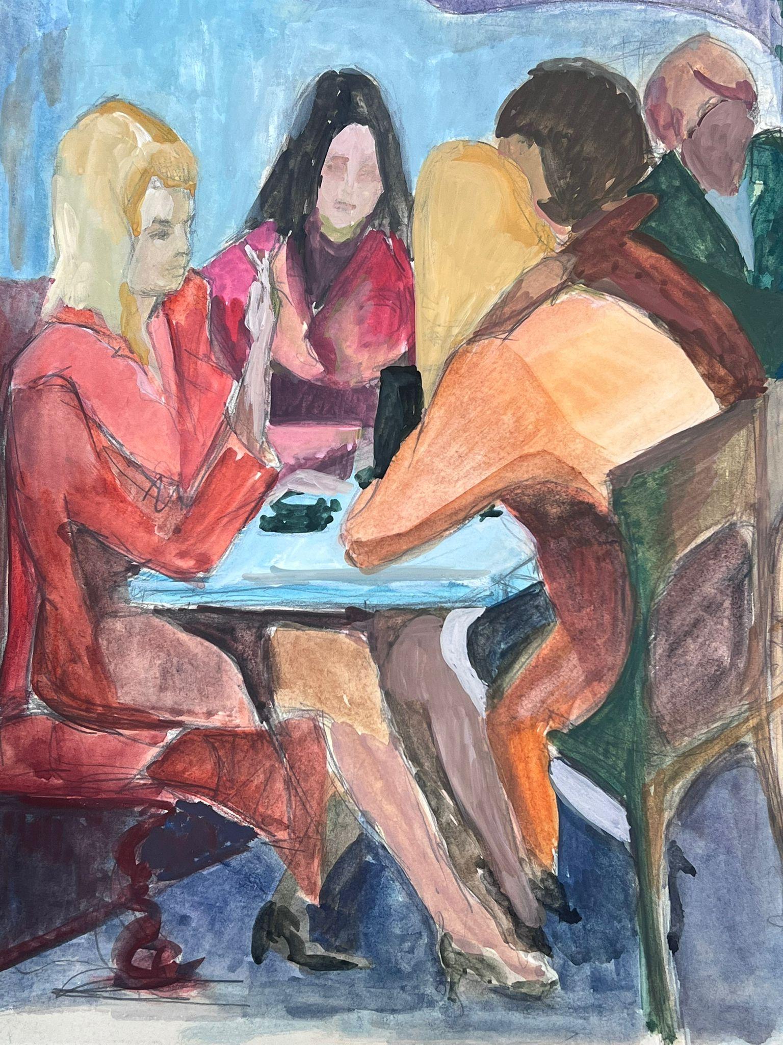 20th Century Modernist Painting Girls Gossiping In French Bistro For Sale 1