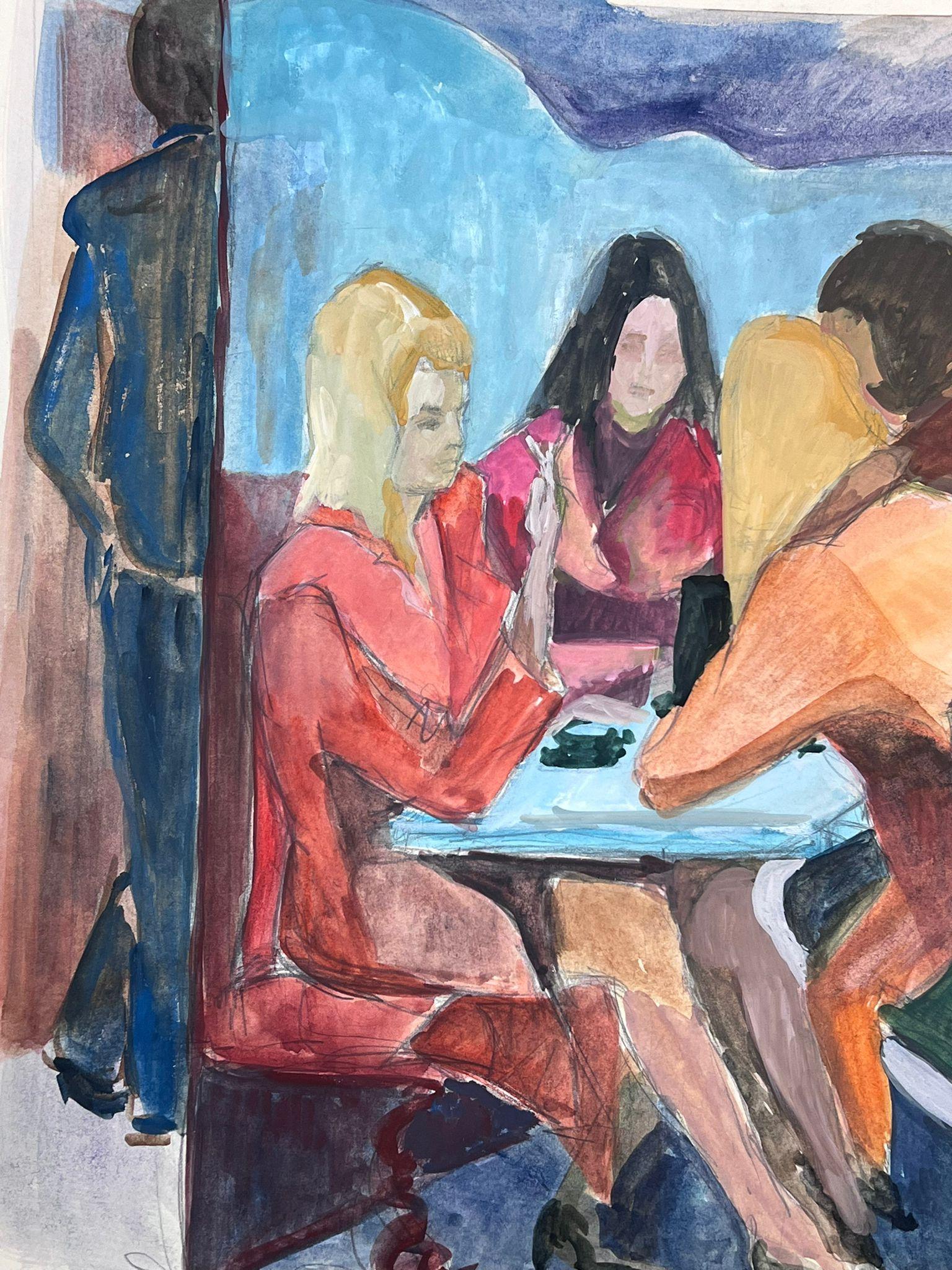 20th Century Modernist Painting Girls Gossiping In French Bistro For Sale 2