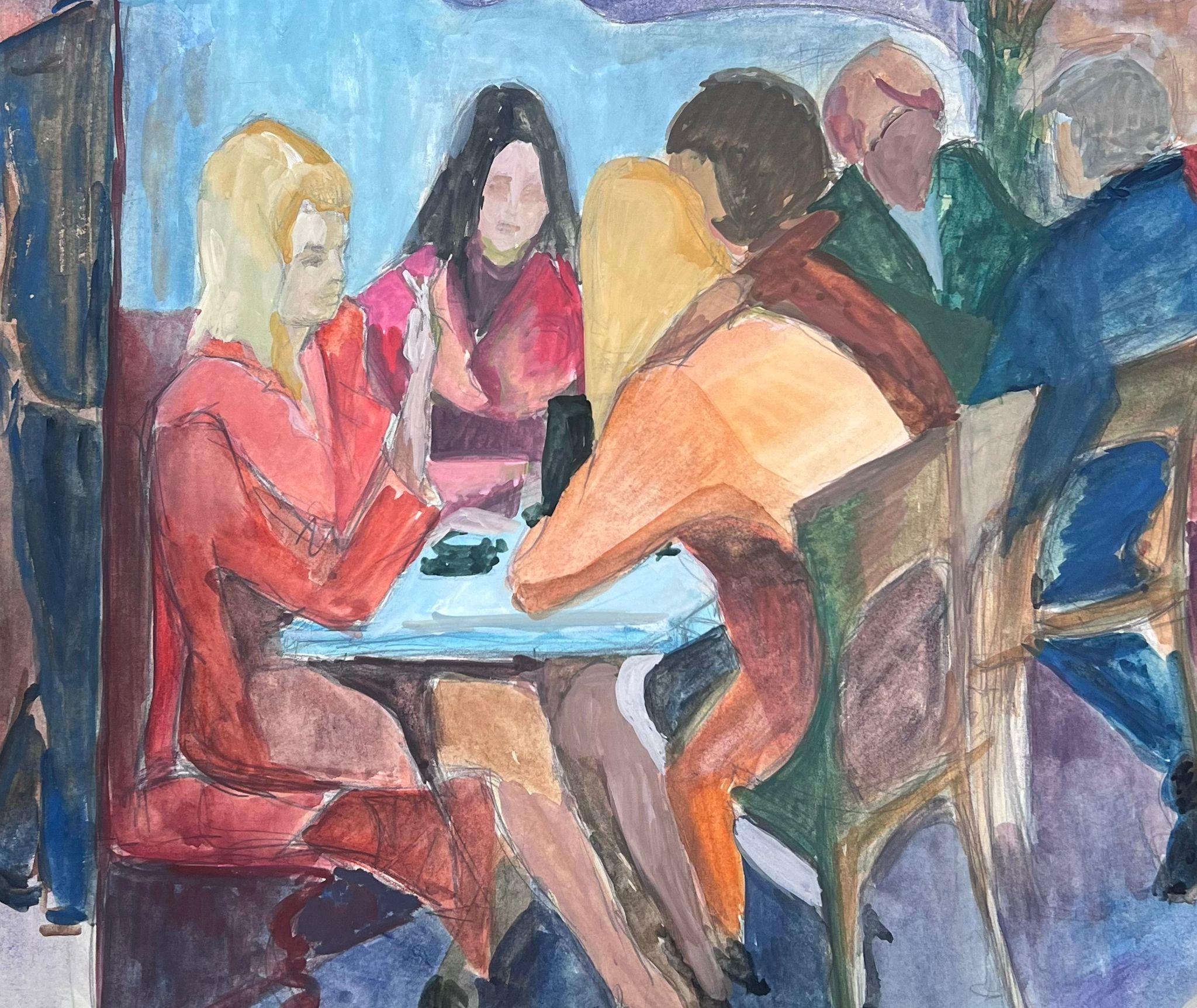 Guy Nicod Figurative Painting - 20th Century Modernist Painting Girls Gossiping In French Bistro