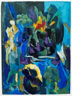 Abstract Blue Floral Still Life with Vases and Purple Tulips Modernist Gouache