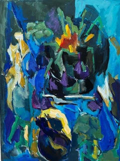 Abstract Blue Floral Still Life with Vases and Purple Tulips Modernist Gouache