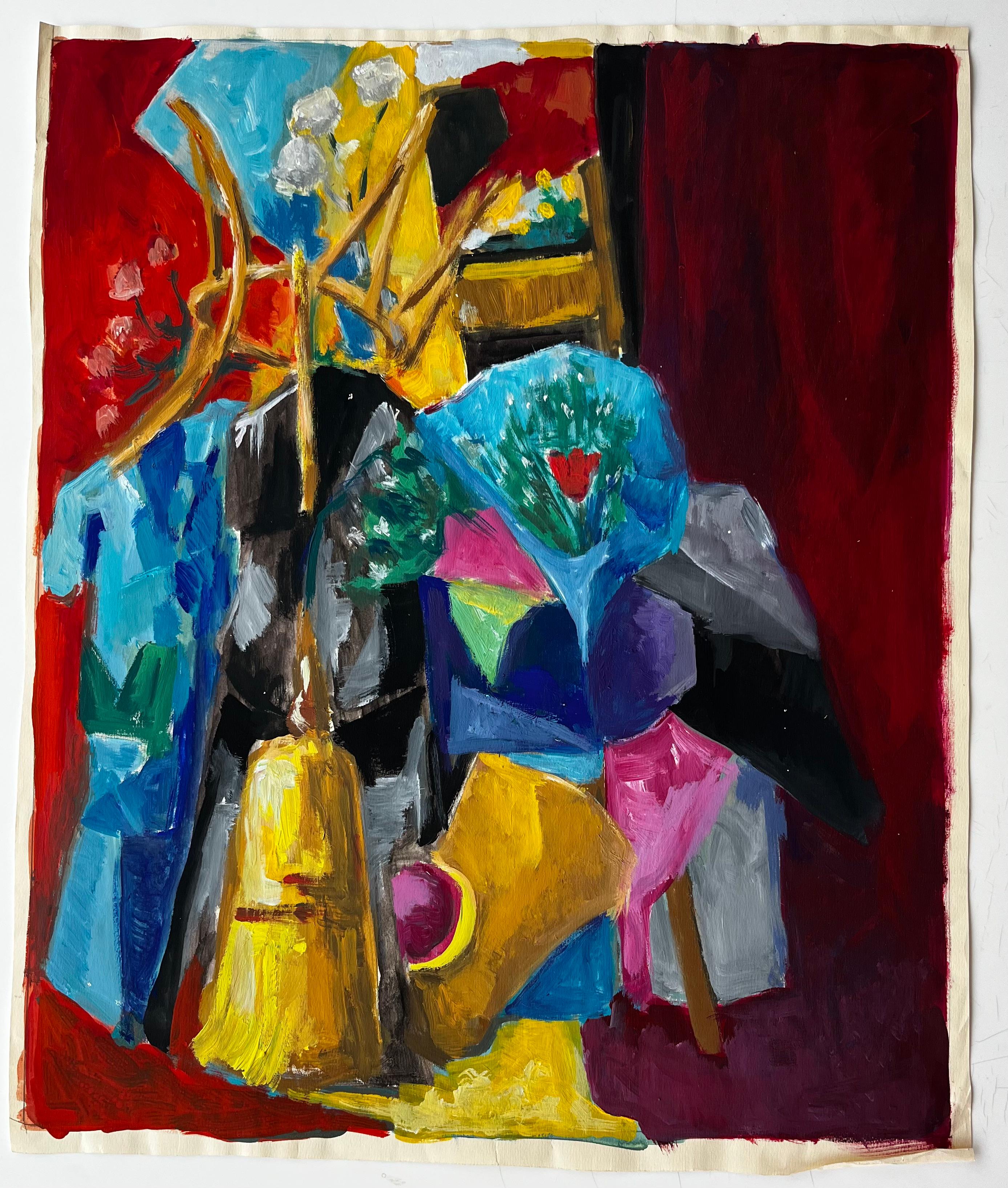 Nature morte cubiste abstraite avec vase à fleurs et rideau rouge Gouache française - Painting de Guy Nicod