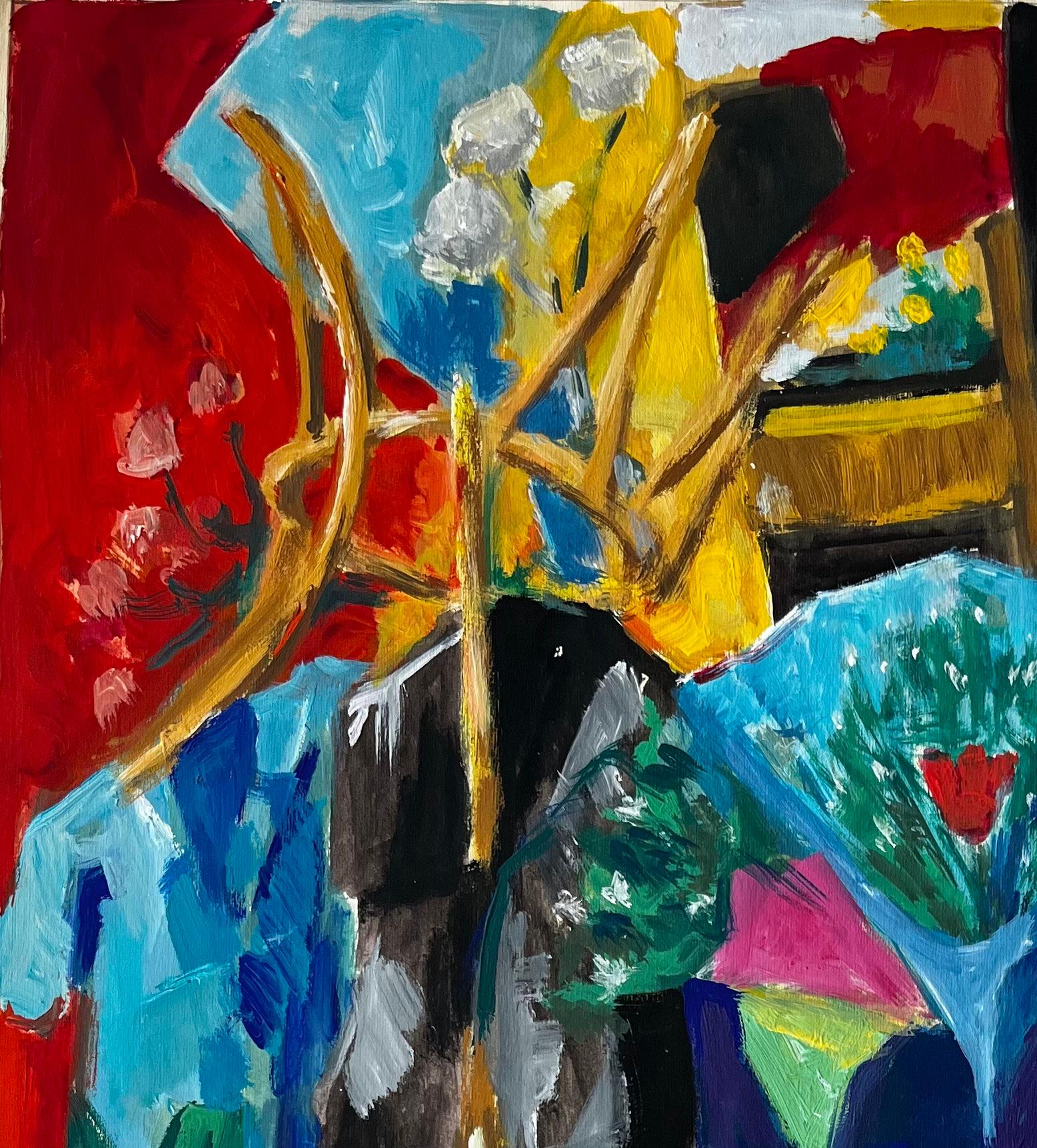 Nature morte cubiste abstraite avec vase à fleurs et rideau rouge Gouache française - Moderne Painting par Guy Nicod