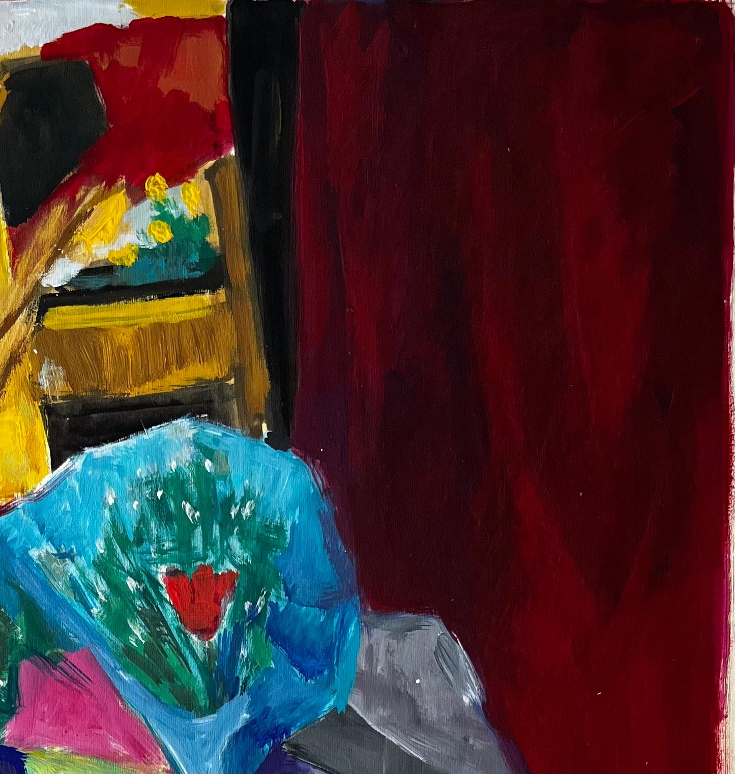 Nature morte cubiste abstraite avec vase à fleurs et rideau rouge Gouache française - Noir Still-Life Painting par Guy Nicod