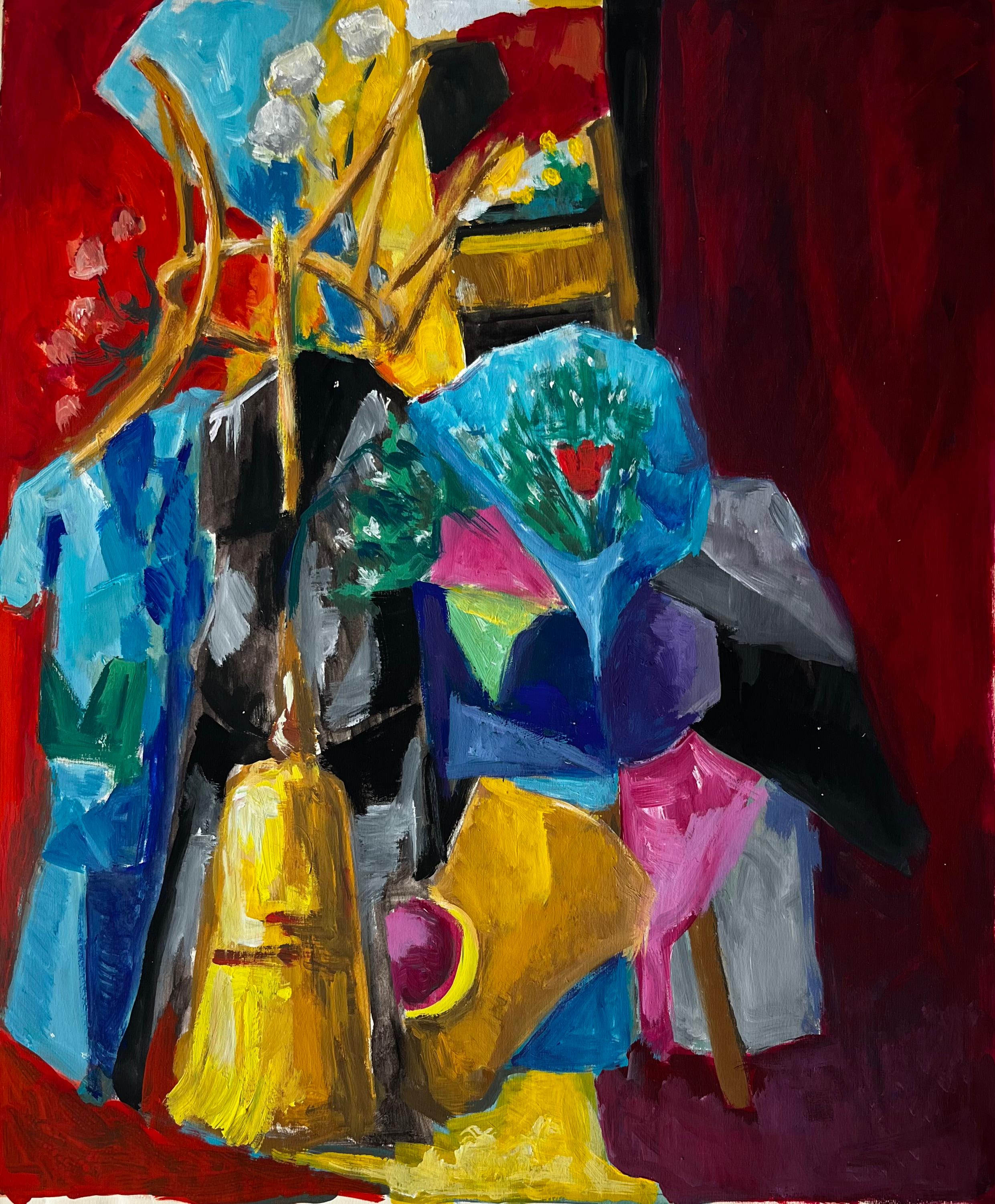 Nature morte cubiste abstraite avec vase à fleurs et rideau rouge Gouache française