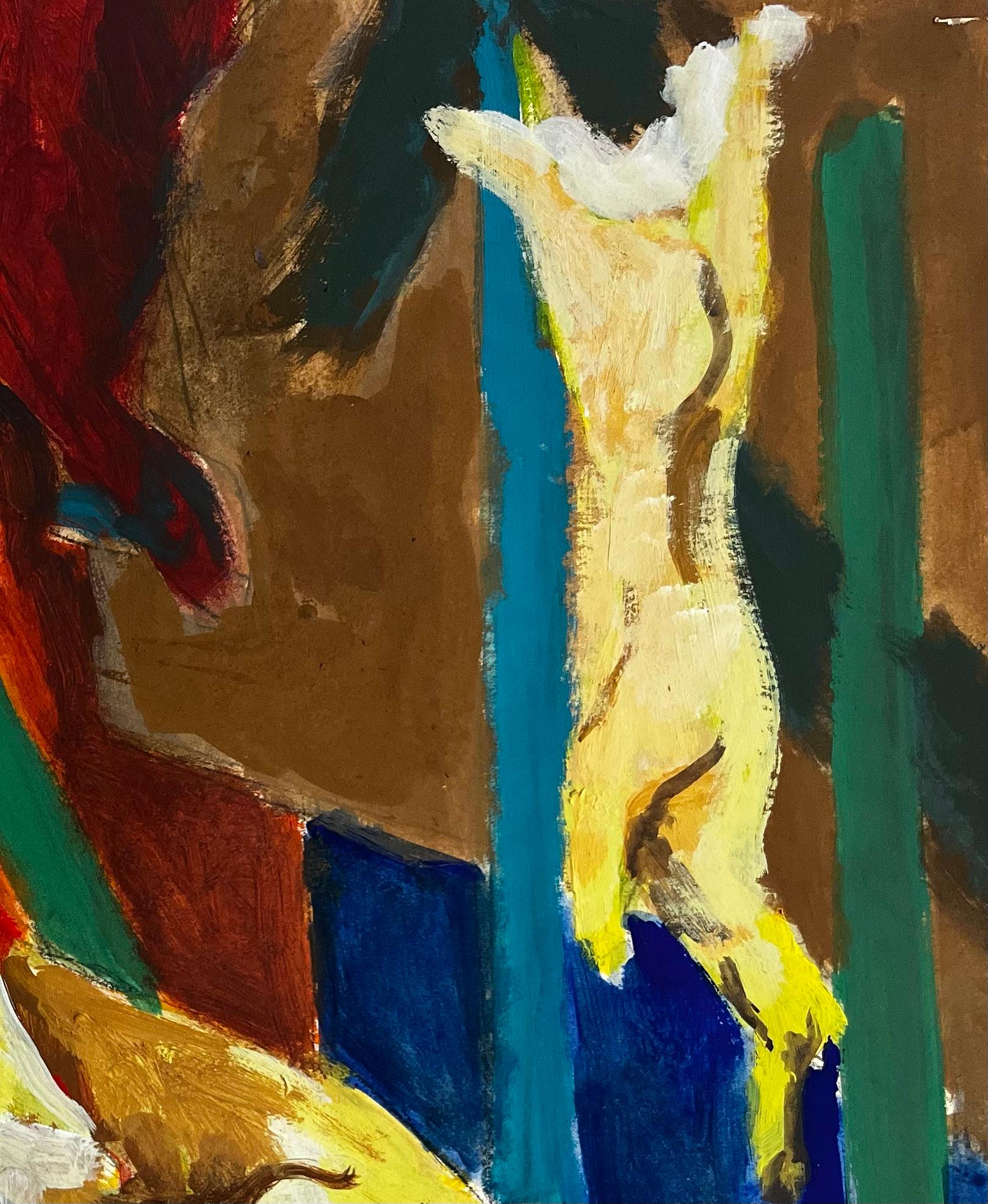 Abstract Draped Fabrics and Vertical Forms French Modernist Gouache - Black Abstract Painting by Guy Nicod