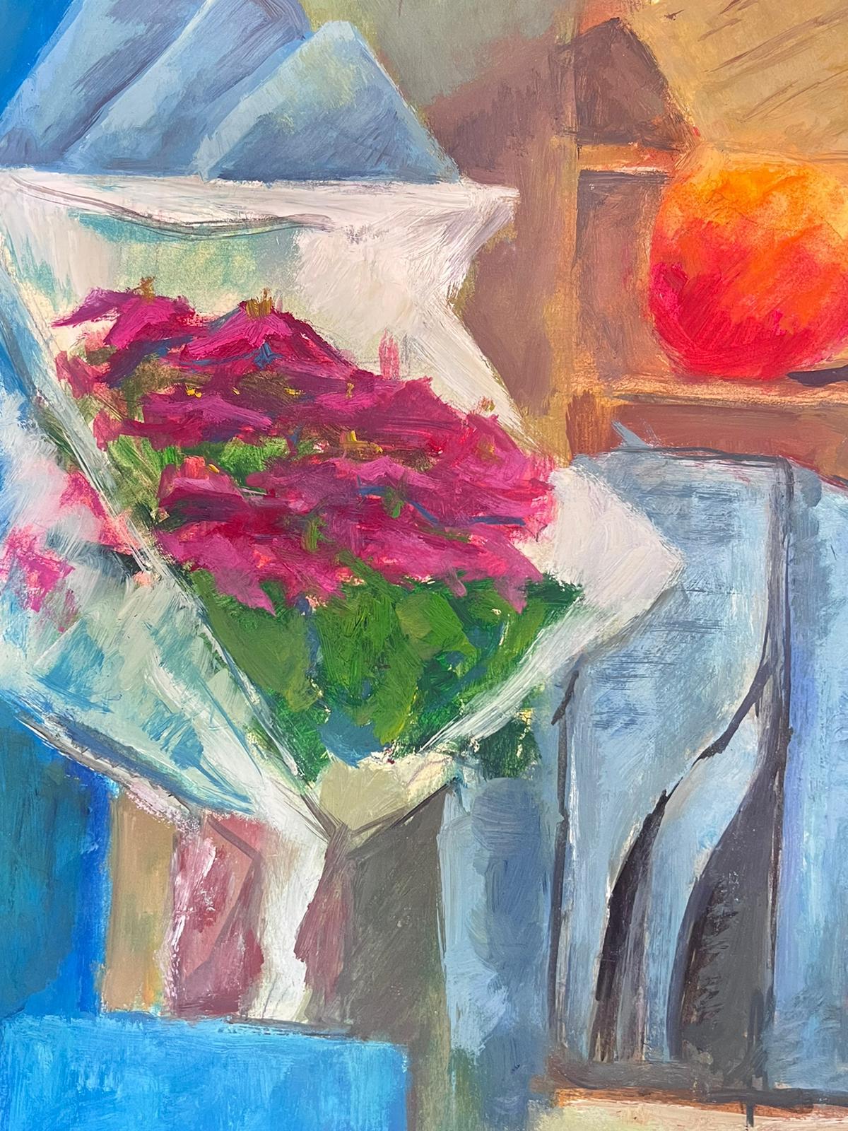 Peinture française abstraite du 20ème siècle, journaux et fleurs dans un vase - Painting de Guy Nicod