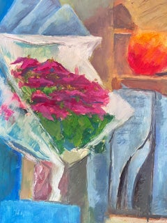 Abstract French 20th Century Painting Newspapers and Flowers In Vase