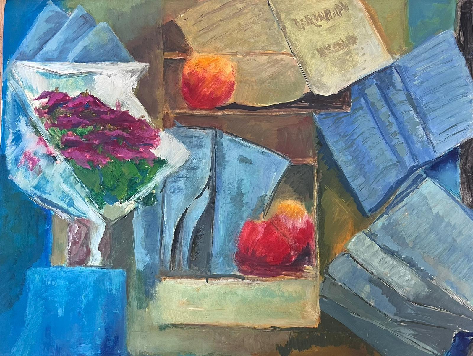 Abstract French 20th Century Painting Newspapers and Flowers In Vase For Sale 2