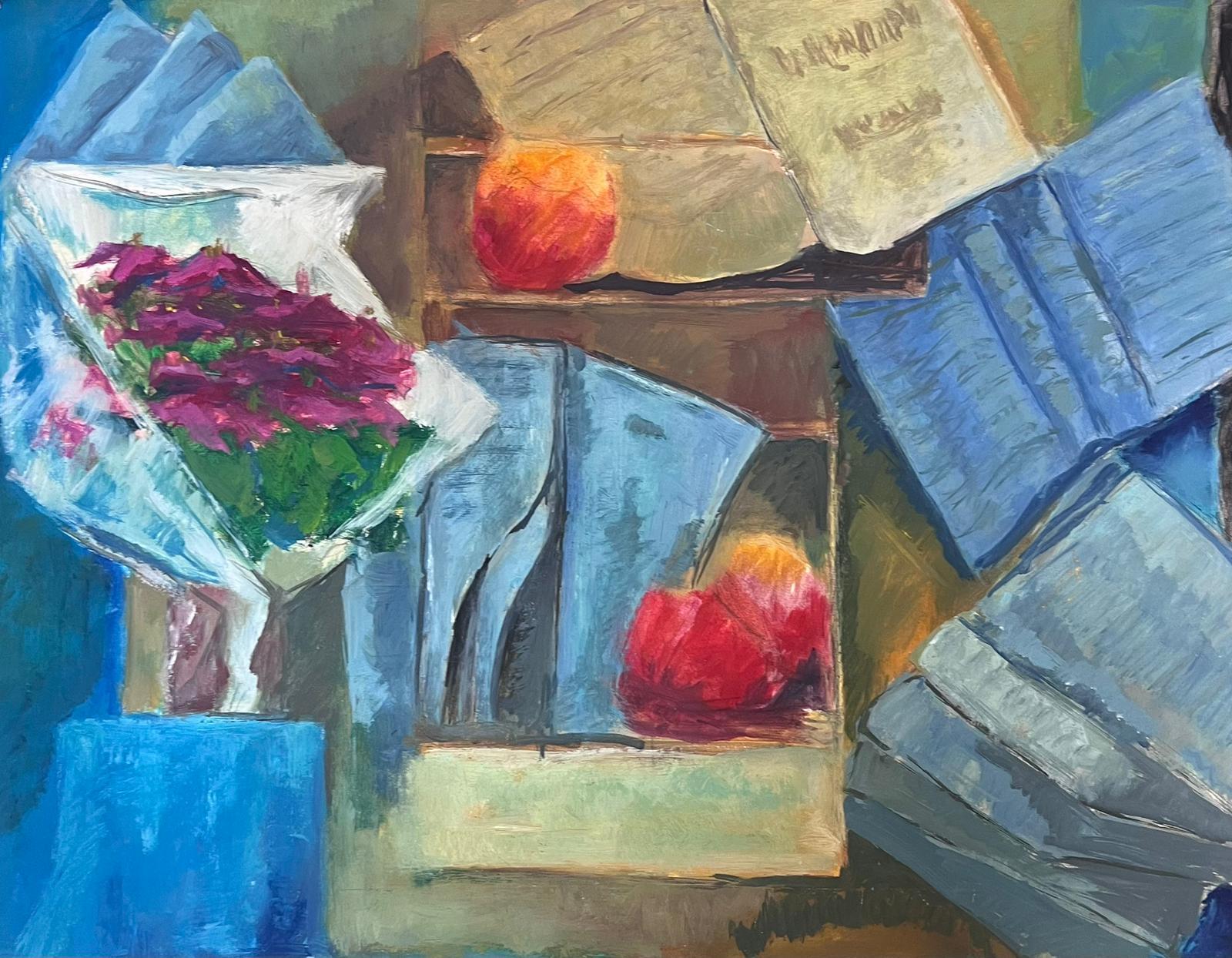 Guy Nicod Interior Painting – Abstraktes französisches Gemälde des 20. Jahrhunderts Zeitungen und Blumen in Vase, Gemälde
