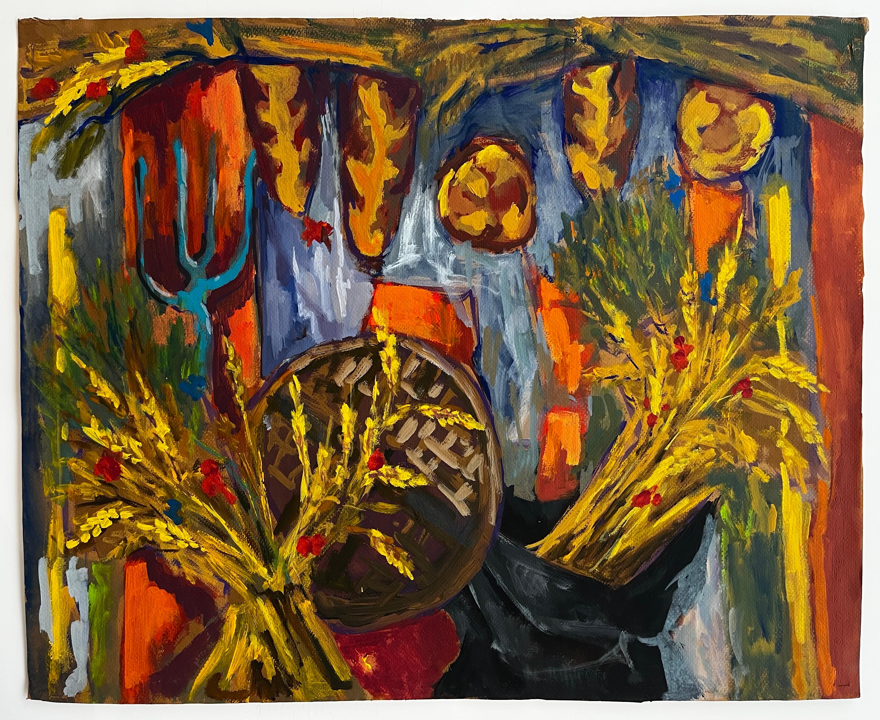 Abstraktes Erntestillleben mit Weizenkorb und dekorativen Textilien Gouache – Painting von Guy Nicod