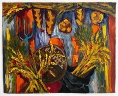 Abstract Harvest Still Life with Wheat Basket and Decorative Textiles Gouache