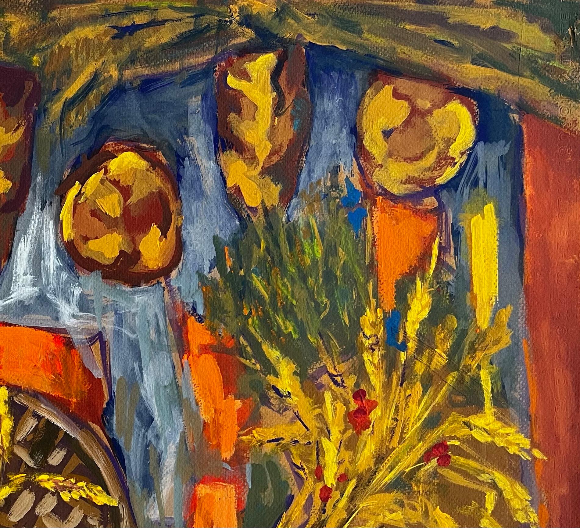 Abstraktes Erntestillleben mit Weizenkorb und dekorativen Textilien Gouache (Moderne), Painting, von Guy Nicod