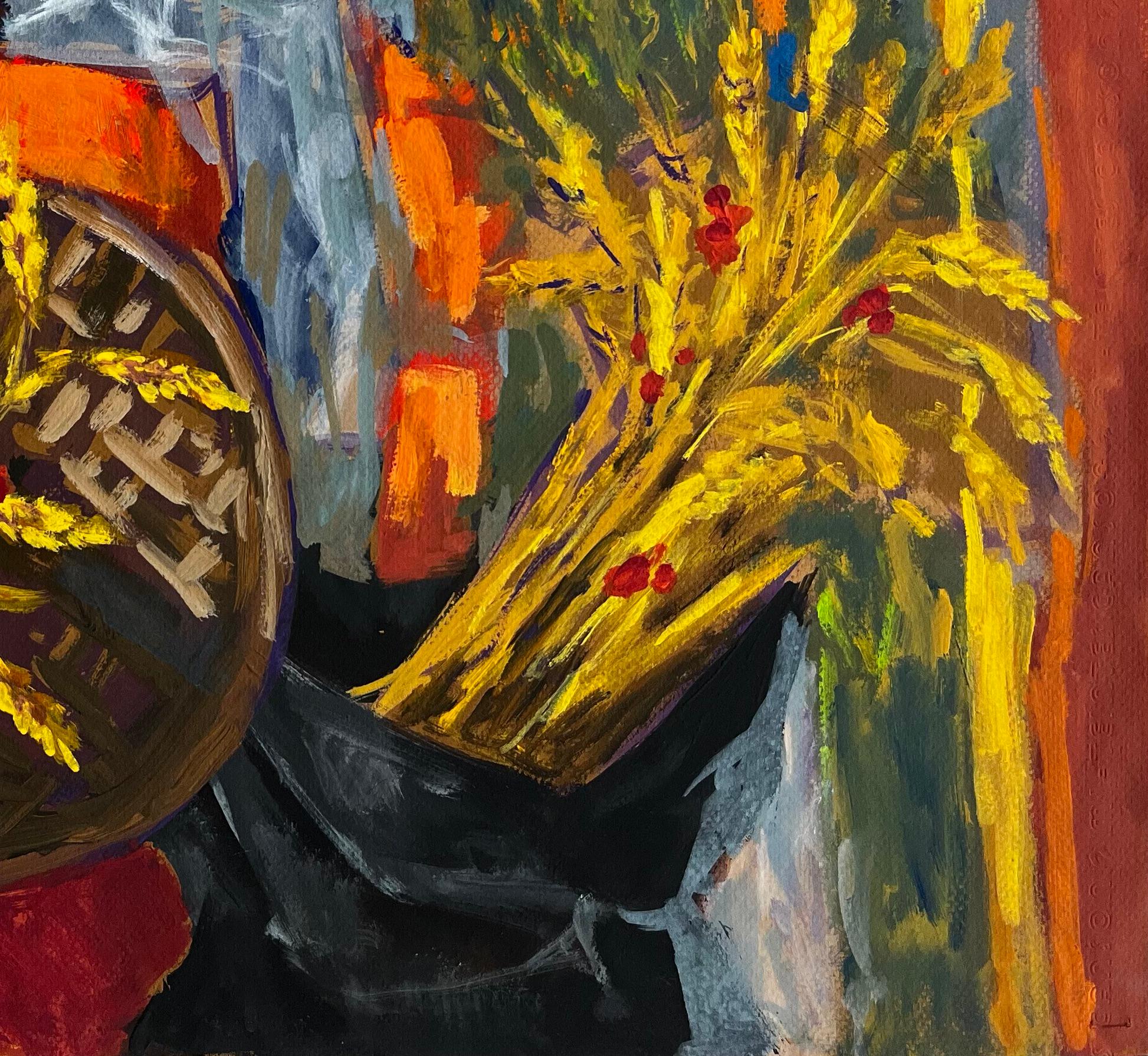 Abstraktes Erntestillleben mit Weizenkorb und dekorativen Textilien Gouache (Braun), Abstract Painting, von Guy Nicod