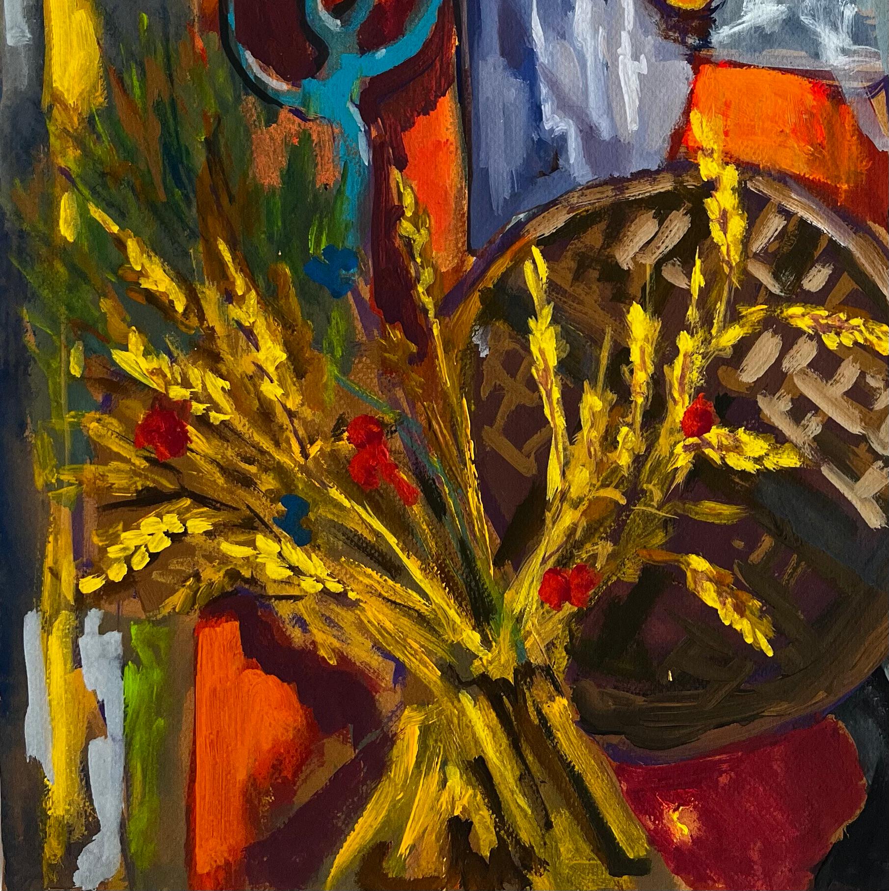 Titel: Abstraktes Erntestillleben mit Weizenkorb und dekorativen Textilien Gouache
Guy Nicod (Französisch 1923 - 2021) 
Gouache auf Künstlerpapier, ungerahmt
Größe: 19,5 x 24 Zoll (Höhe x Breite)
Provenienz: Künstlernachlass, Frankreich
Zustand: