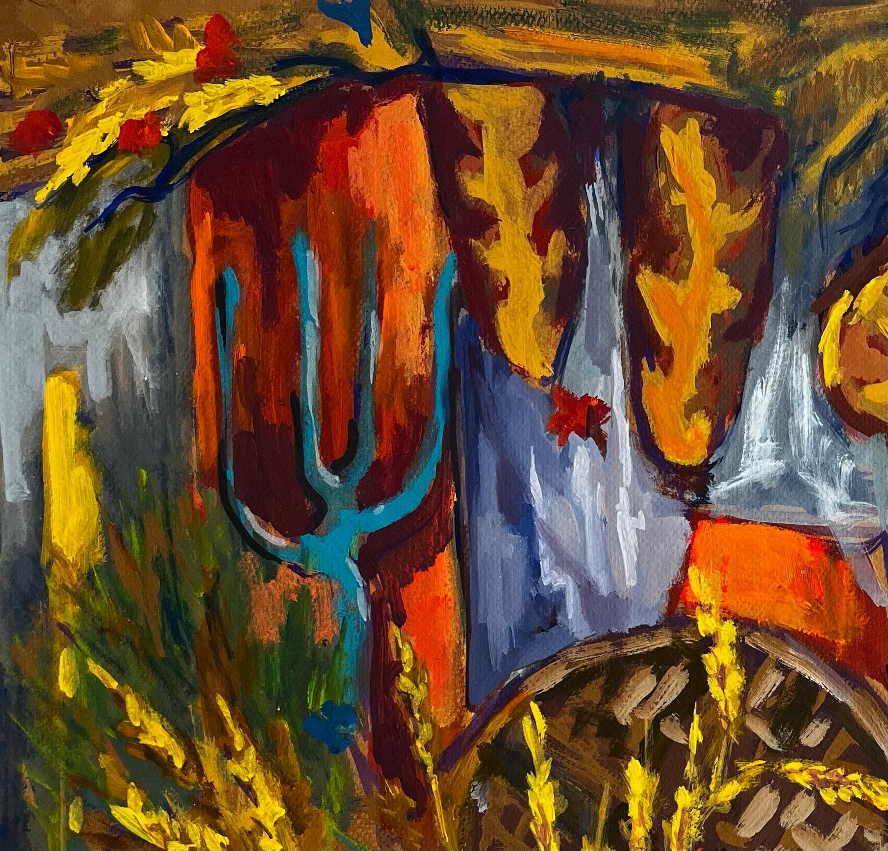 Abstraktes Erntestillleben mit Weizenkorb und dekorativen Textilien Gouache im Angebot 1