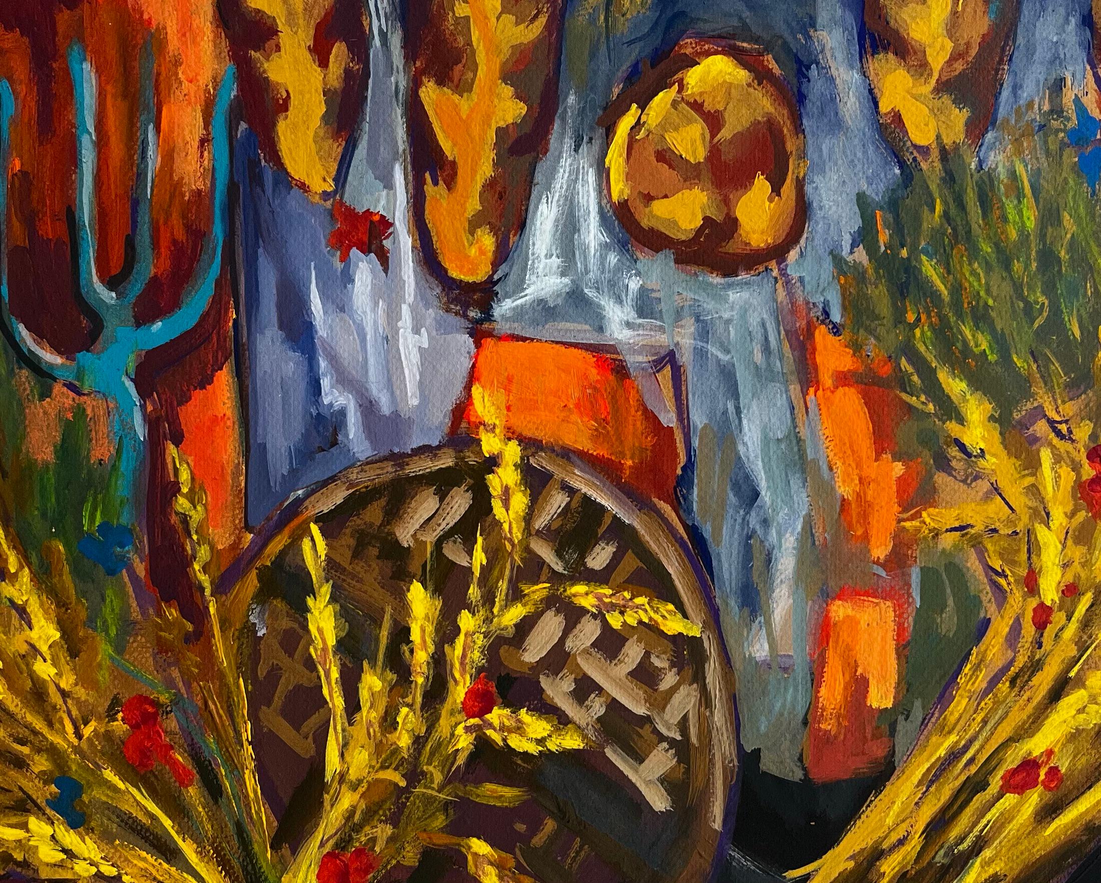 Abstraktes Erntestillleben mit Weizenkorb und dekorativen Textilien Gouache im Angebot 2