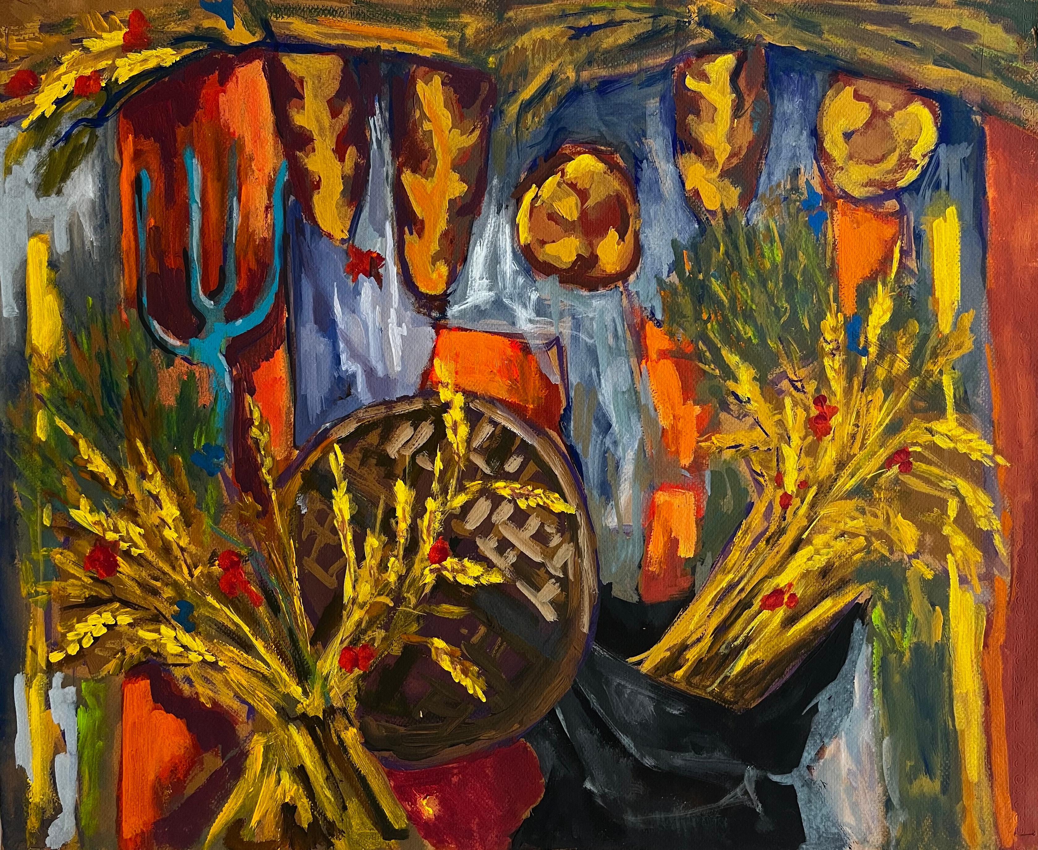 Guy Nicod Abstract Painting – Abstraktes Erntestillleben mit Weizenkorb und dekorativen Textilien Gouache