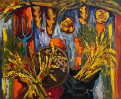 Bodegón abstracto de cosecha con cesta de trigo y textiles decorativos Gouache