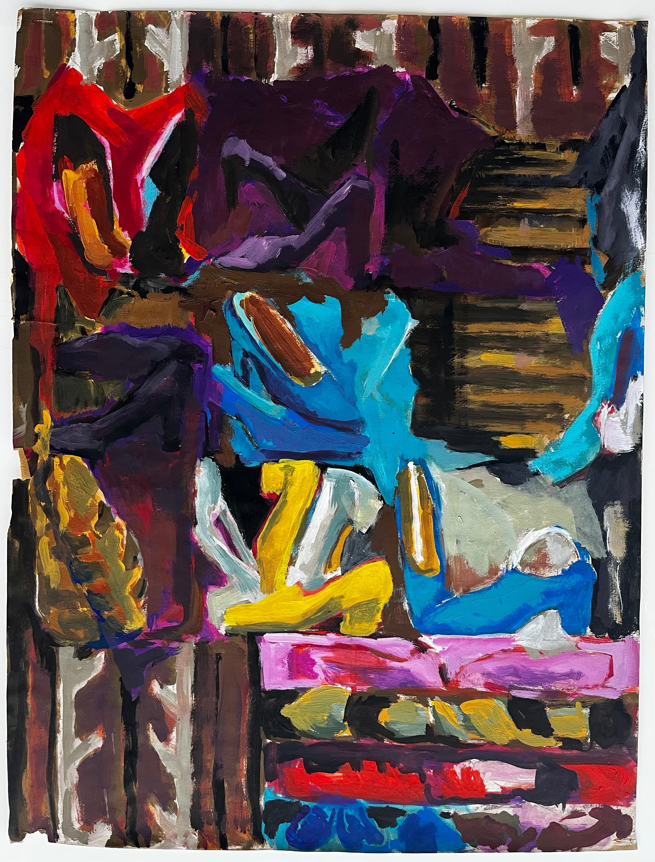 Abstraktes Interieur mit Damenschuhen Buntes Französisch Modernist Gouache – Painting von Guy Nicod