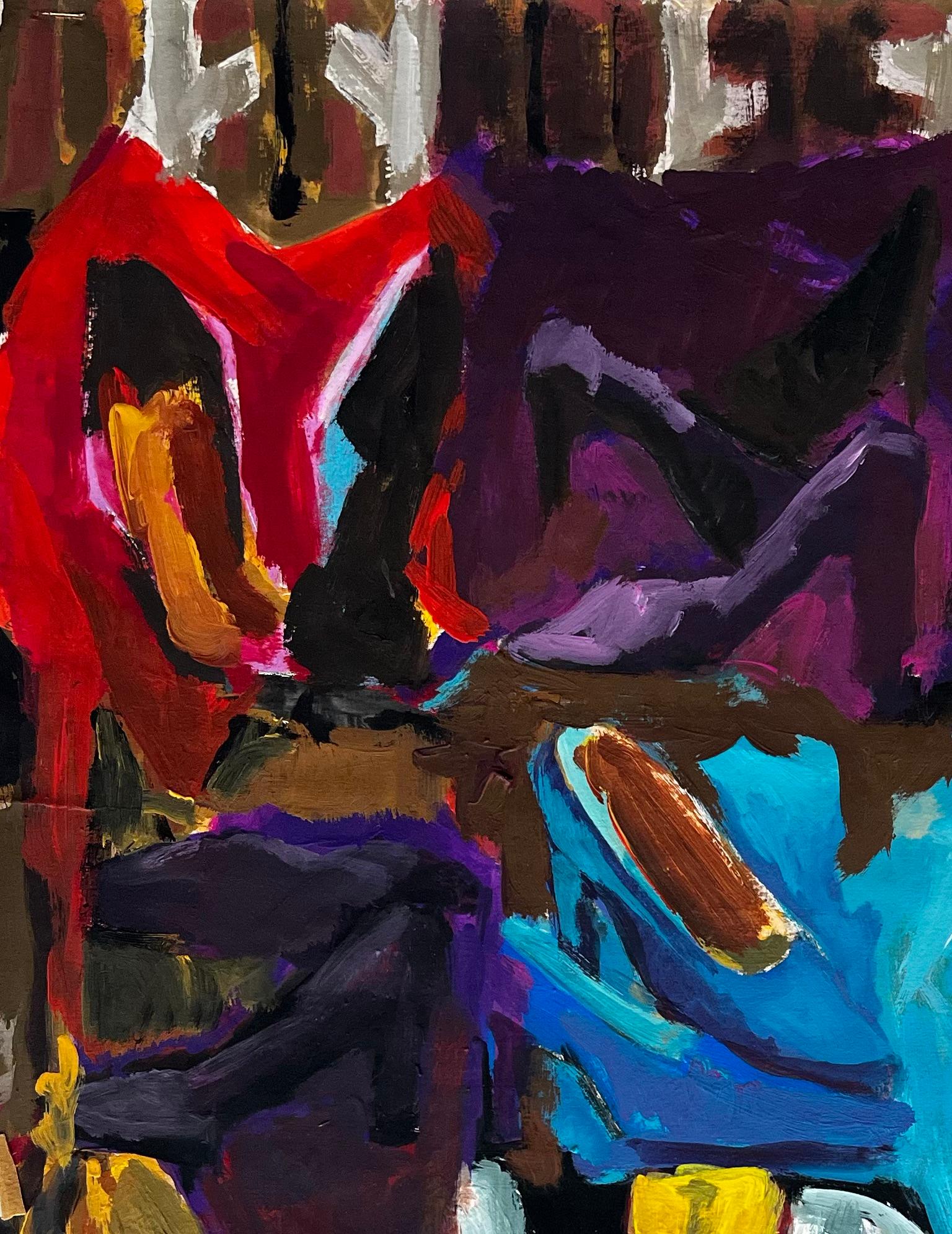 Abstraktes Interieur mit Damenschuhen Buntes Französisch Modernist Gouache (Moderne), Painting, von Guy Nicod