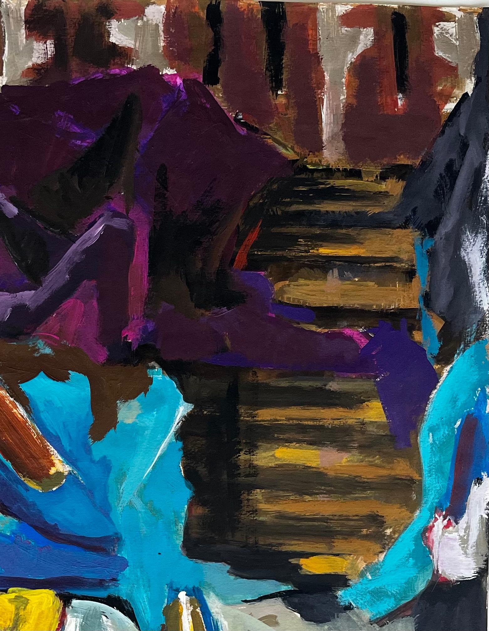 Abstraktes Interieur mit Damenschuhen Buntes Französisch Modernist Gouache (Schwarz), Abstract Painting, von Guy Nicod