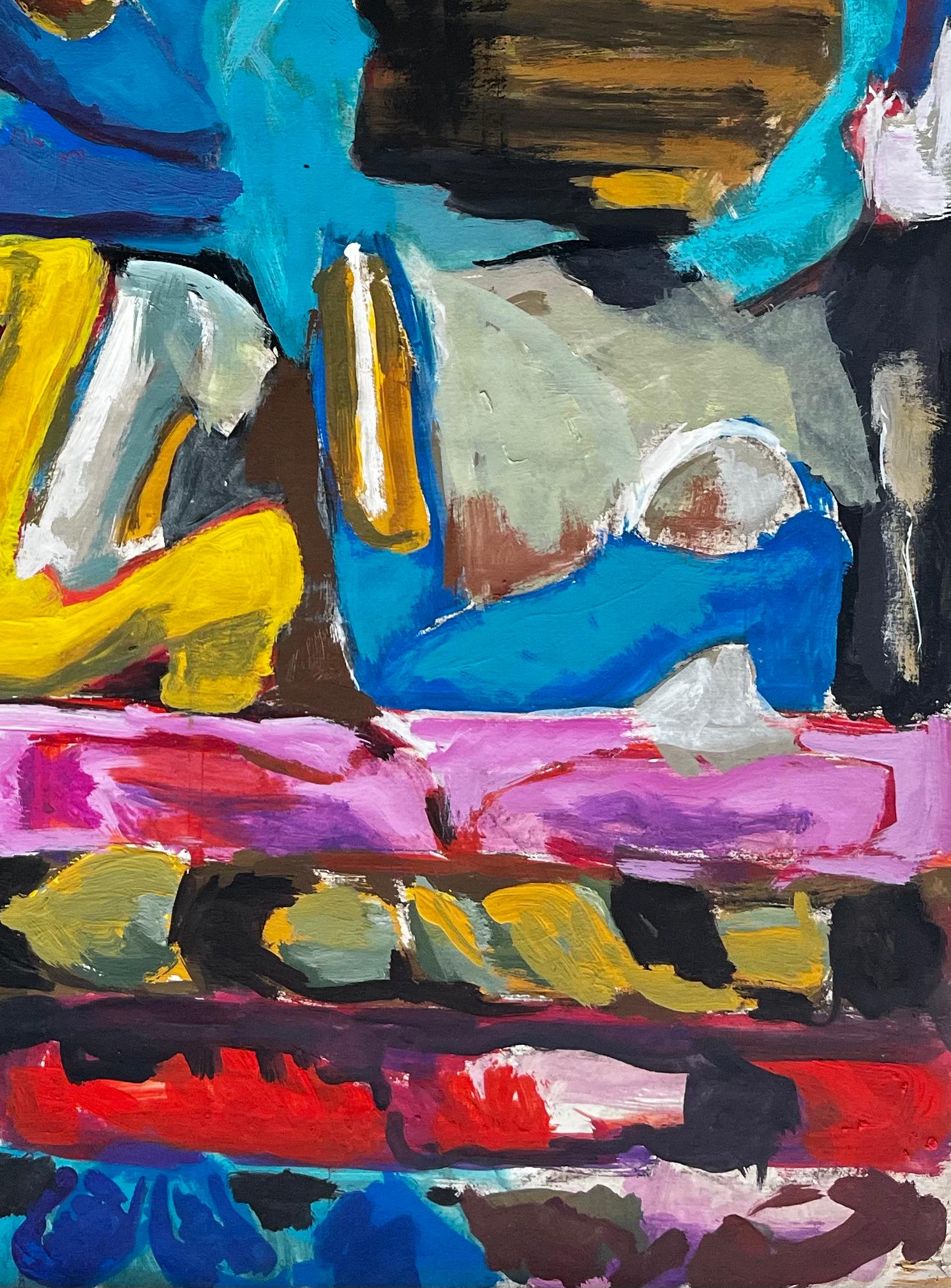 Titel: Abstraktes Interieur mit Damenschuhen Farbenfrohe Gouache der französischen Moderne
Guy Nicod (Französisch 1923 - 2021) 
Gouache auf Künstlerpapier, ungerahmt
Größe: 24 x 18 Zoll (Höhe x Breite)
Provenienz: Künstlernachlass,