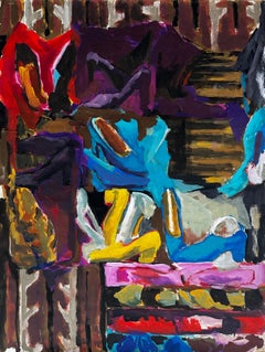 Vintage Abstract Interior with Womens Shoes Colourful French Modernist Gouache