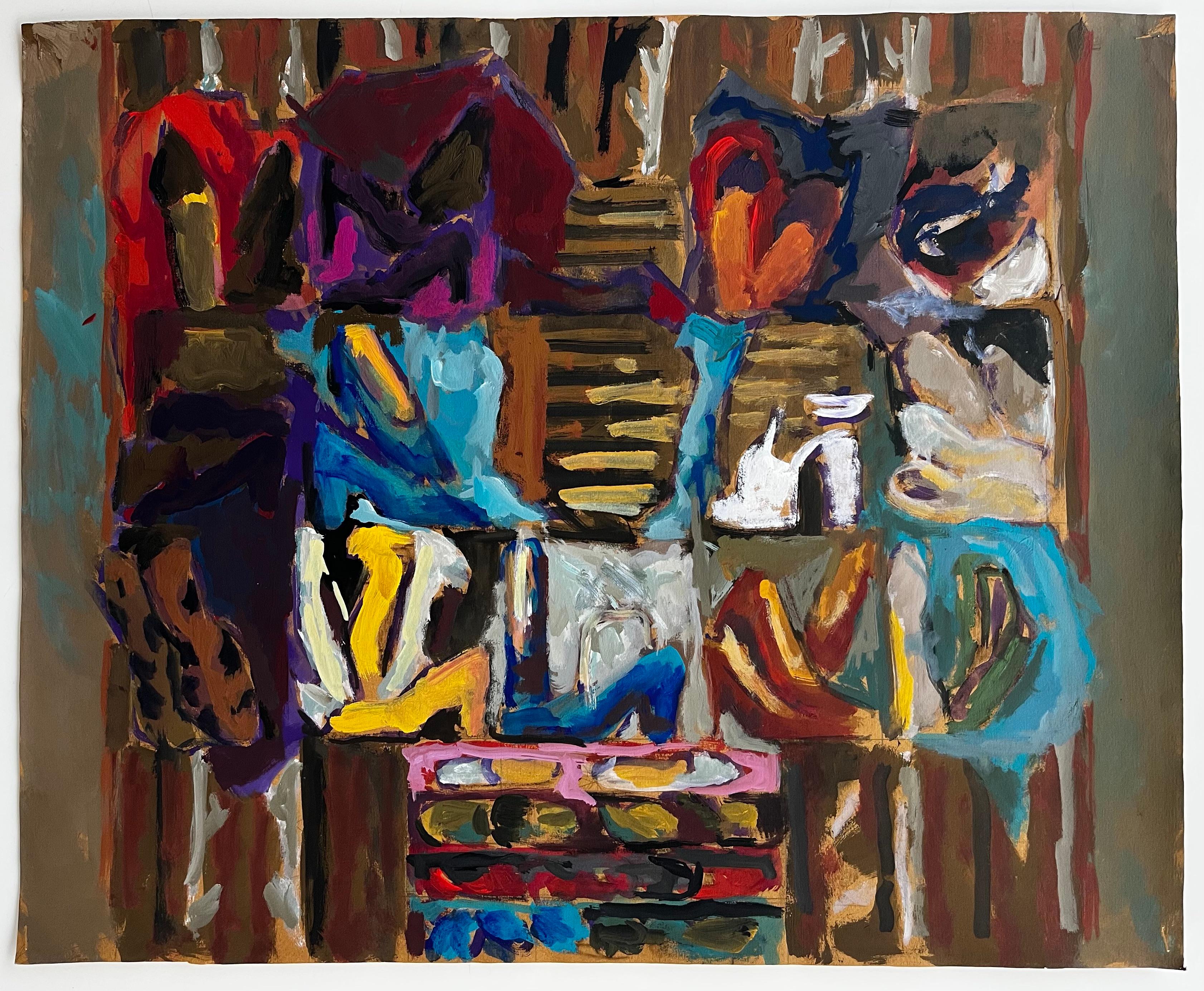 Abstraktes Interieur mit Damenschuhen Buntes französisches modernistisches Gouache-Gemälde – Painting von Guy Nicod