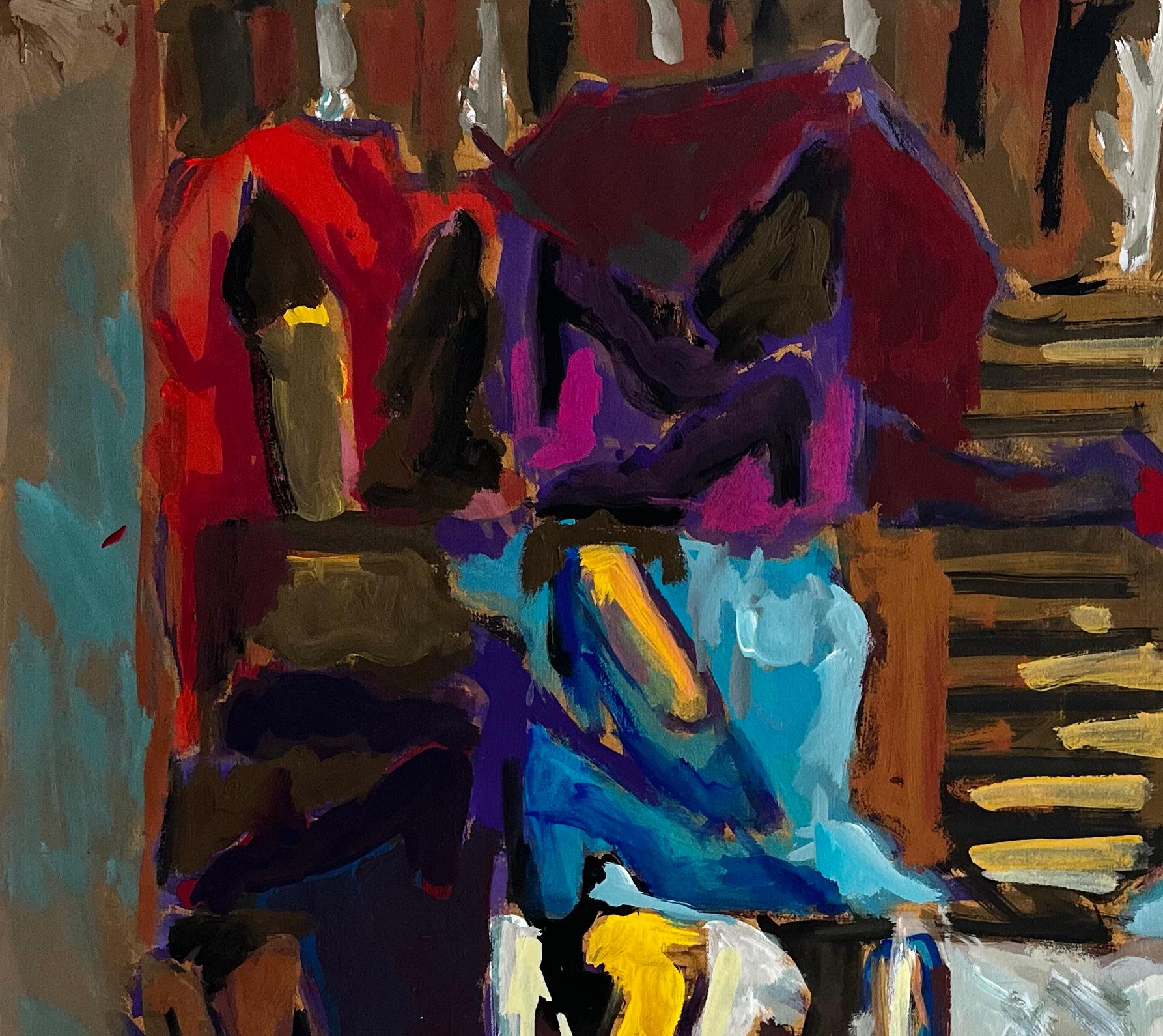 Abstraktes Interieur mit Damenschuhen Buntes französisches modernistisches Gouache-Gemälde (Moderne), Painting, von Guy Nicod