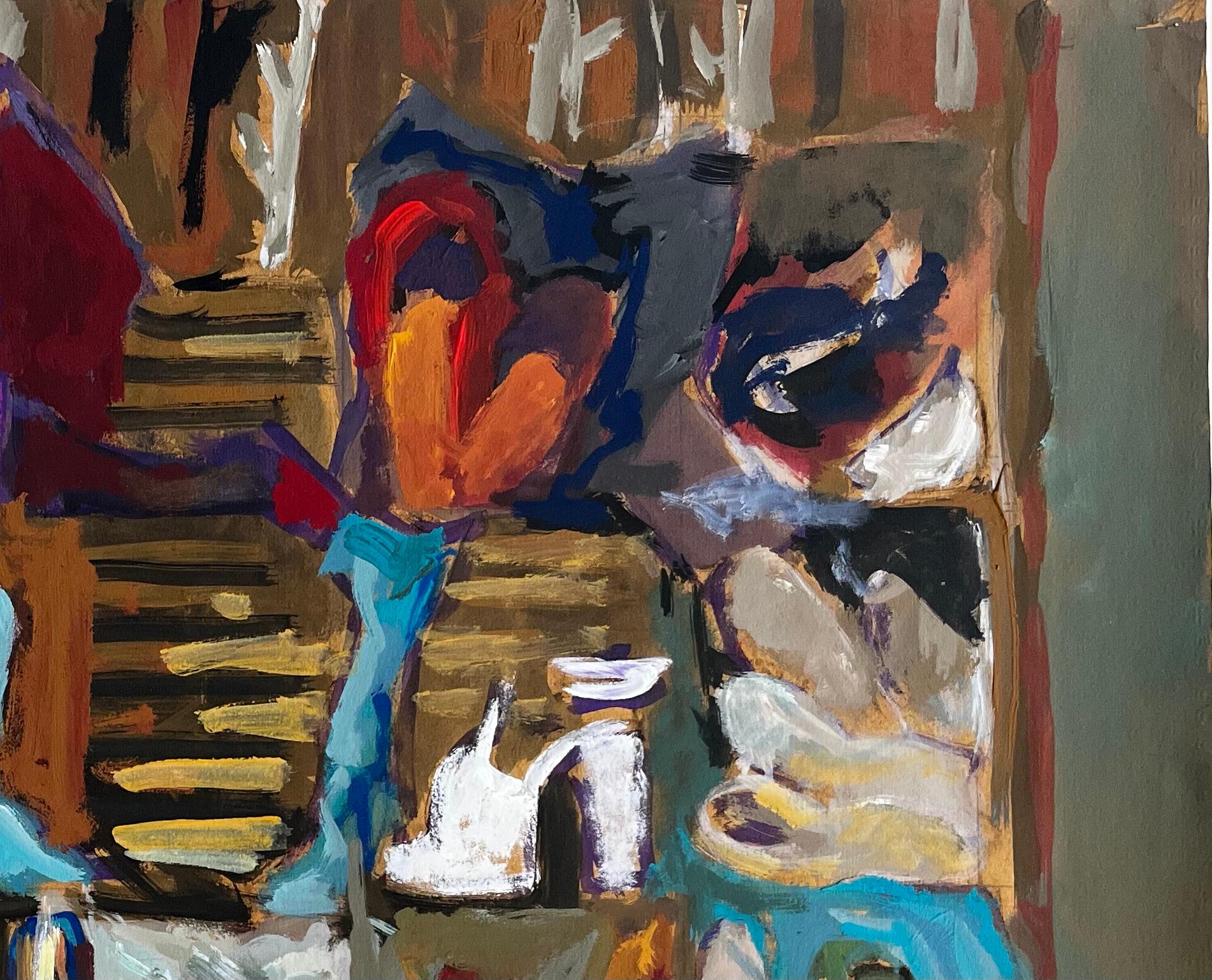 Abstraktes Interieur mit Damenschuhen Buntes französisches modernistisches Gouache-Gemälde (Schwarz), Abstract Painting, von Guy Nicod