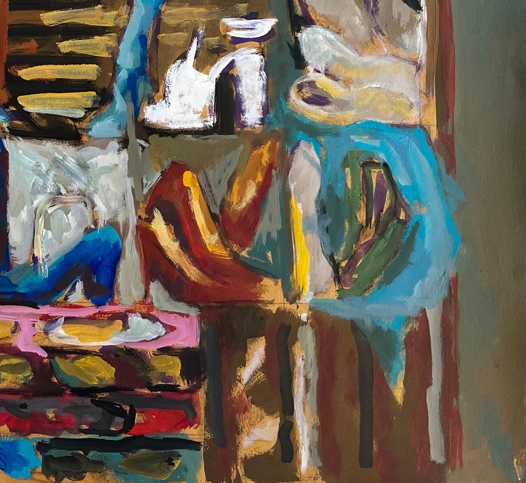 Titel: Abstraktes Interieur mit Damenschuhen Buntes französisches modernistisches Gouache-Gemälde
Guy Nicod (Französisch 1923 - 2021) 
Gouache auf Künstlerpapier, ungerahmt
Größe: 19,5 x 24 Zoll (Höhe x Breite)
Provenienz: Künstlernachlass,