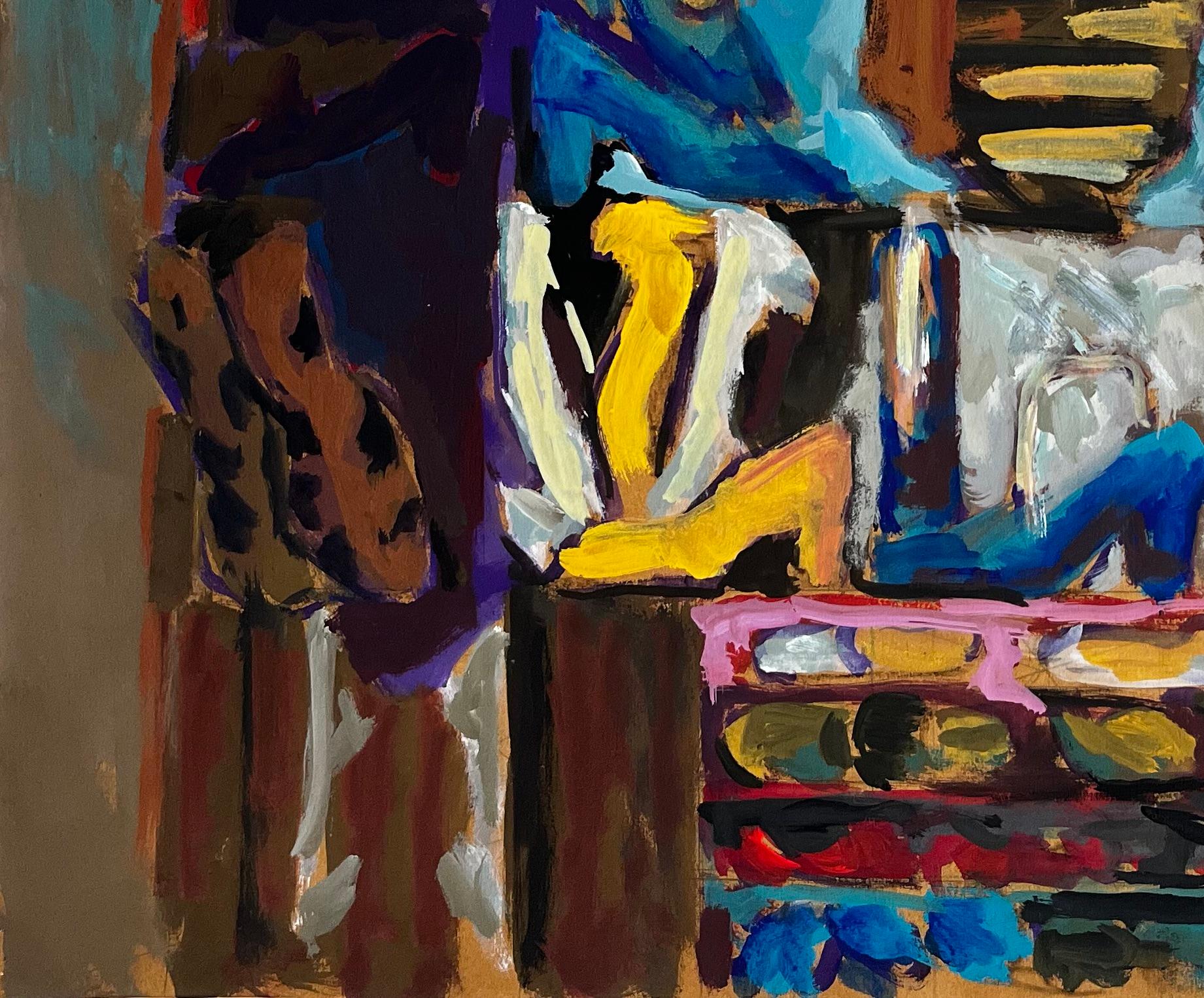 Abstraktes Interieur mit Damenschuhen Buntes französisches modernistisches Gouache-Gemälde im Angebot 1