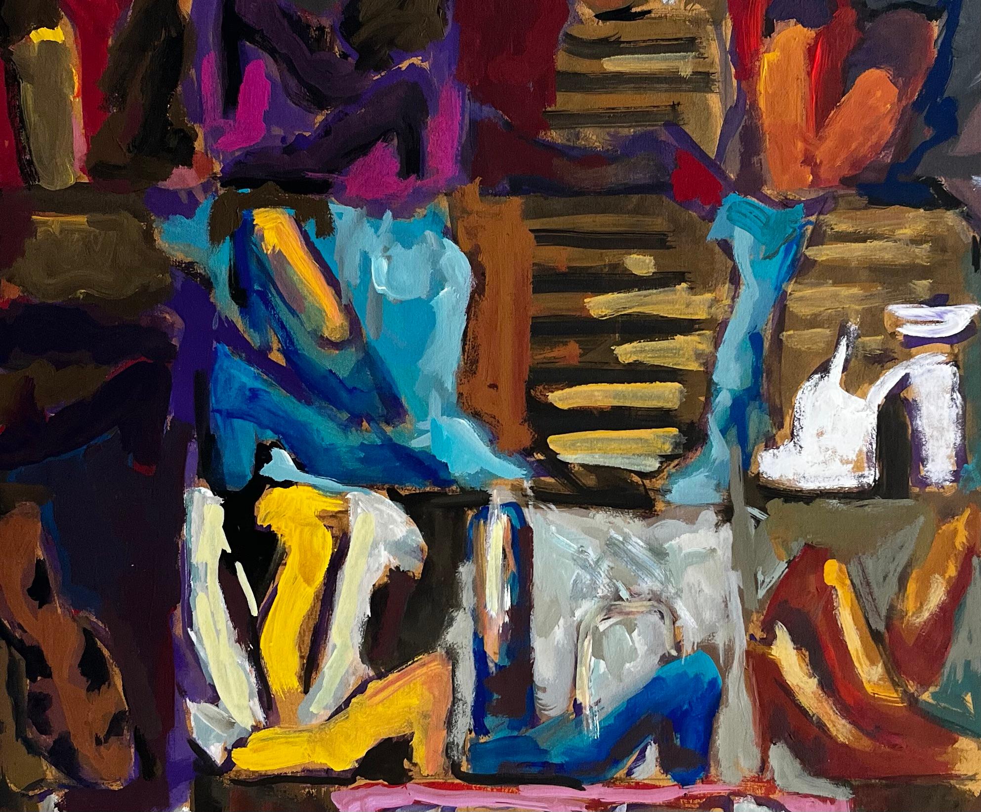 Abstraktes Interieur mit Damenschuhen Buntes französisches modernistisches Gouache-Gemälde im Angebot 2