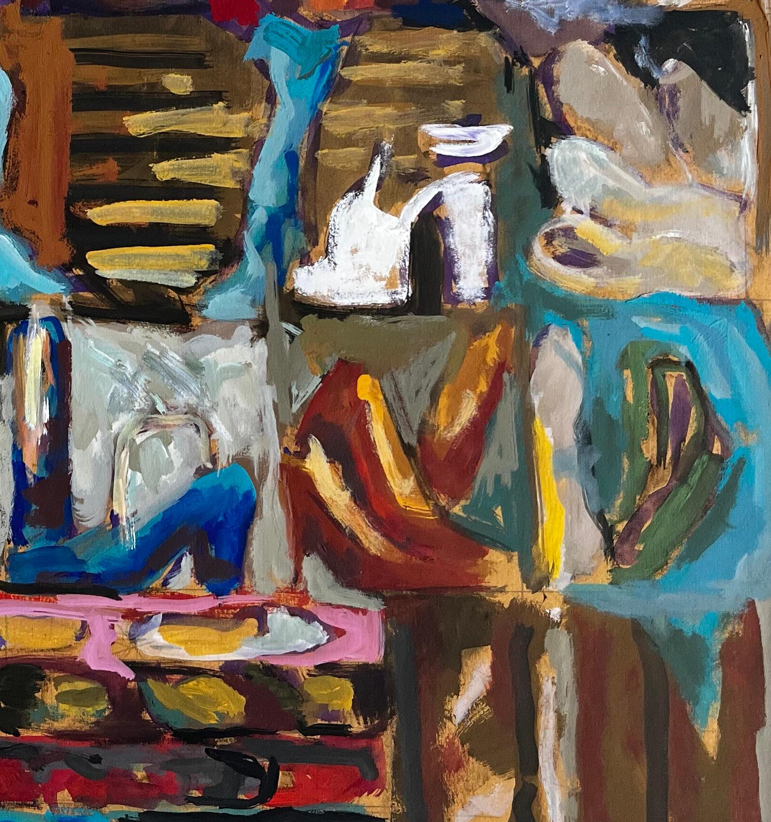 Abstraktes Interieur mit Damenschuhen Buntes französisches modernistisches Gouache-Gemälde im Angebot 3