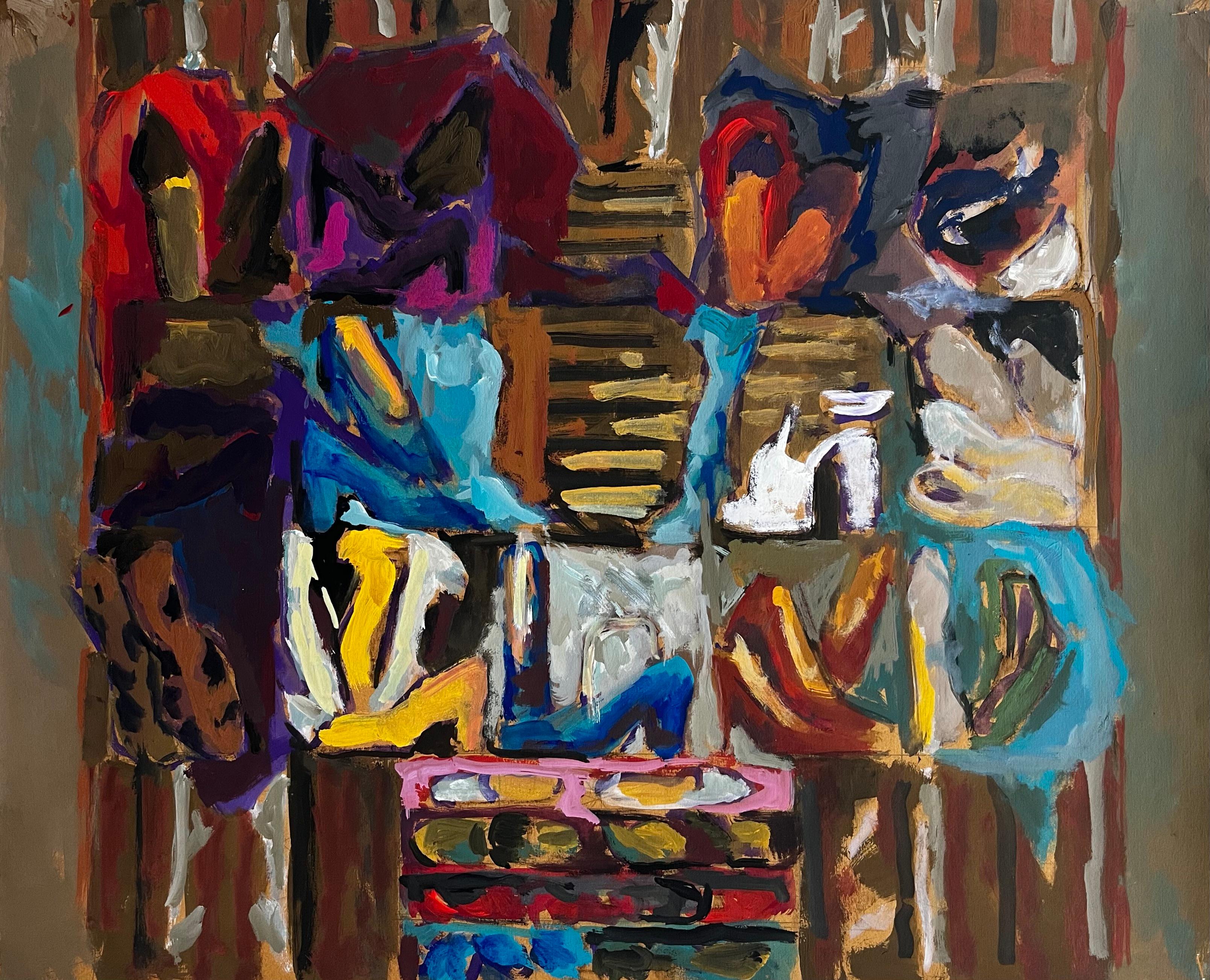 Abstract Interior with Womens Shoes Colourful French Modernist Gouache Painting